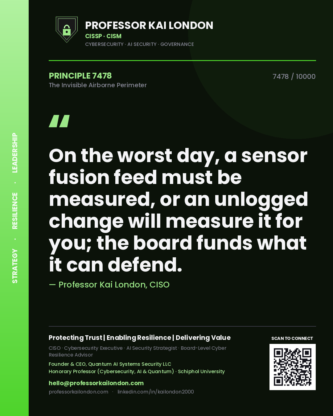 Quote card by Professor Kai London reading 'On the worst day, a sensor fusion feed must be measured, or an unlogged change will measure it for you; the board funds what it can defend.'. From the book The Invisible Airborne Perimeter.