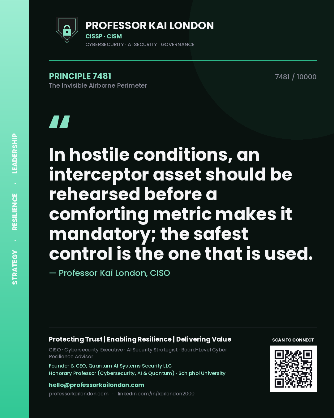Quote card by Professor Kai London reading 'In hostile conditions, an interceptor asset should be rehearsed before a comforting metric makes it mandatory; the safest control is the one that is used.'. From the book The Invisible Airborne Perimeter.