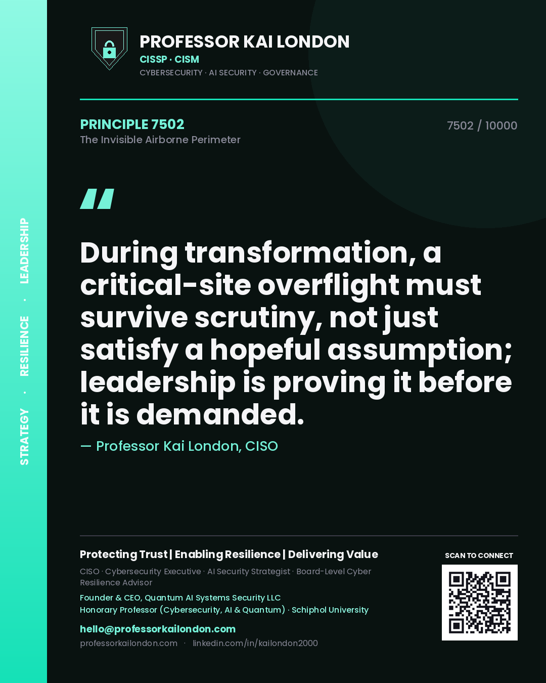 Quote card by Professor Kai London reading 'During transformation, a critical-site overflight must survive scrutiny, not just satisfy a hopeful assumption; leadership is proving it before it is demanded.'. From the book The Invisible Airborne Perimeter.