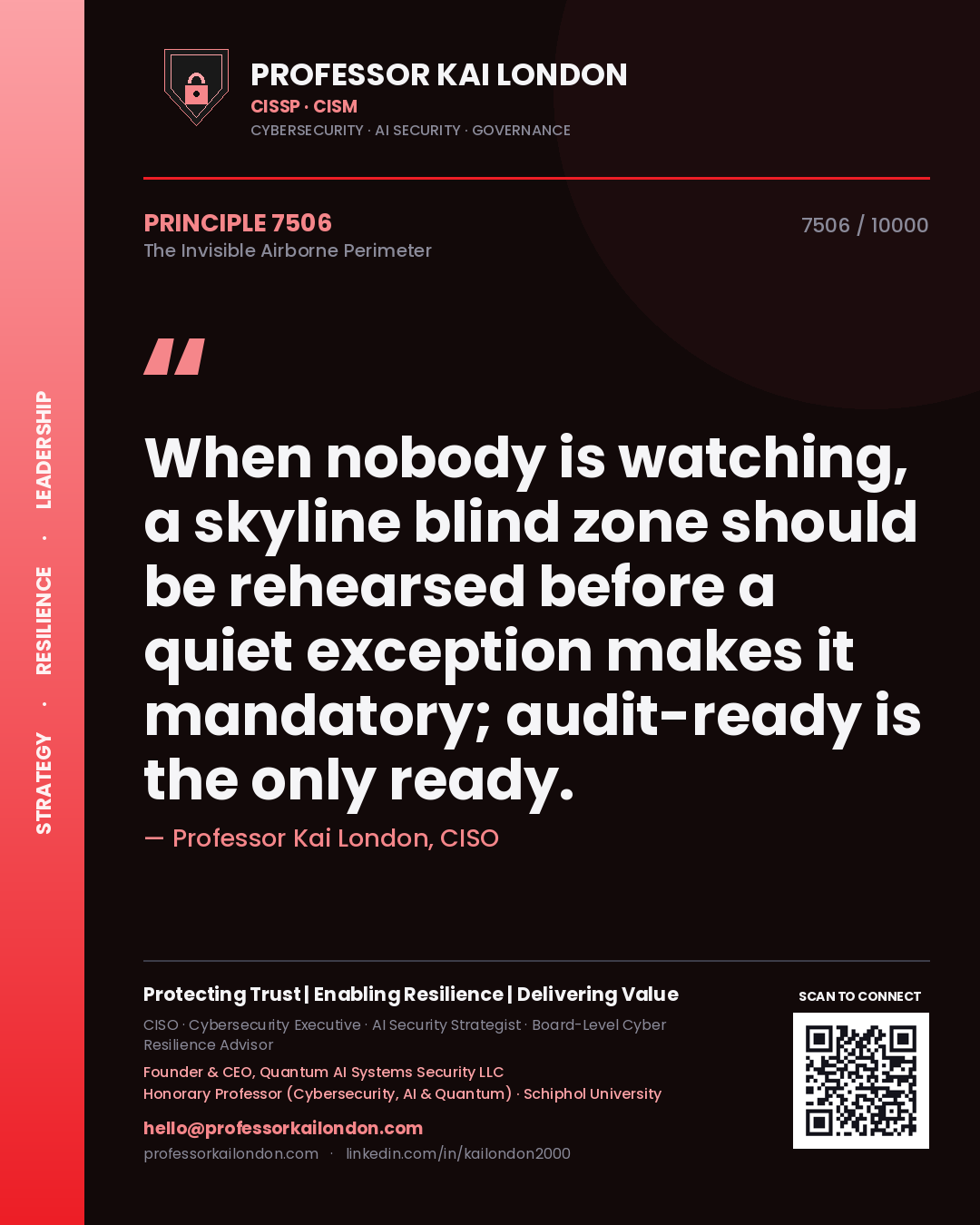 Quote card by Professor Kai London reading 'When nobody is watching, a skyline blind zone should be rehearsed before a quiet exception makes it mandatory; audit-ready is the only ready.'. From the book The Invisible Airborne Perimeter.