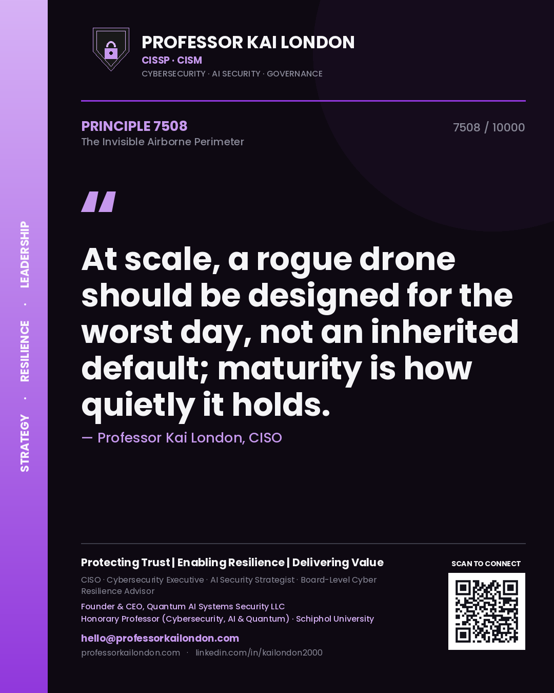 Quote card by Professor Kai London reading 'At scale, a rogue drone should be designed for the worst day, not an inherited default; maturity is how quietly it holds.'. From the book The Invisible Airborne Perimeter.