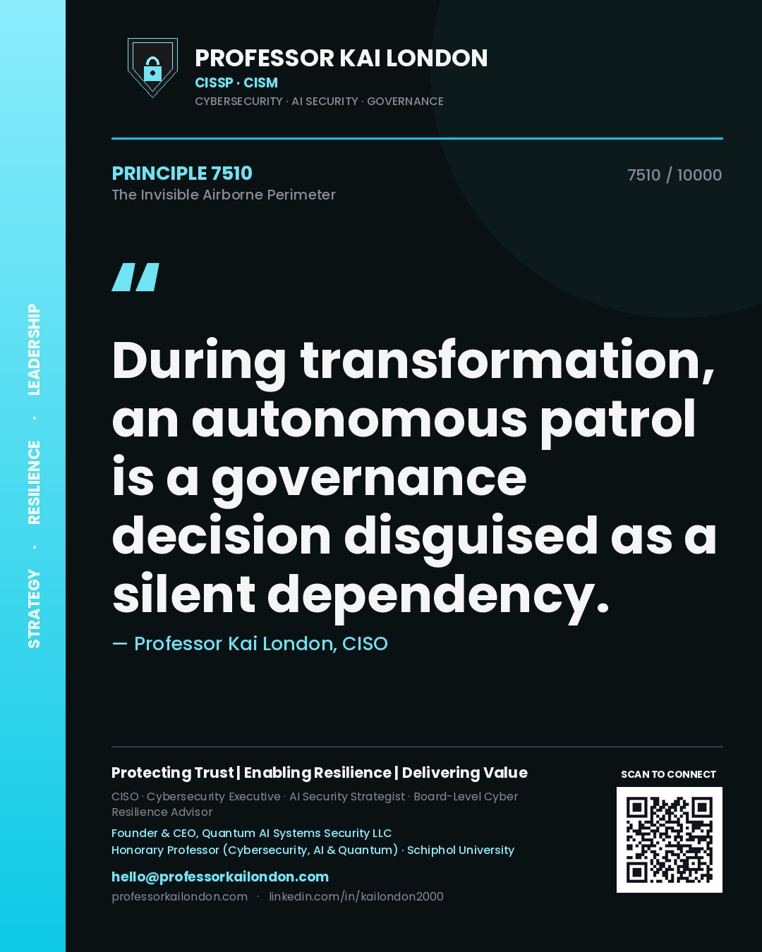 Quote card by Professor Kai London reading 'During transformation, an autonomous patrol is a governance decision disguised as a silent dependency.'. From the book The Invisible Airborne Perimeter.