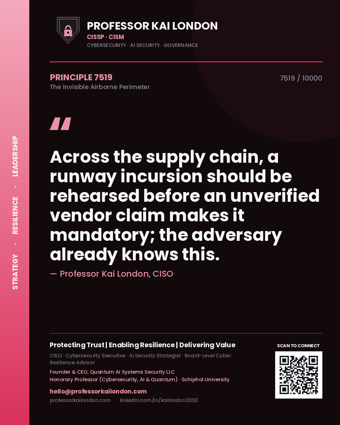 Quote card by Professor Kai London reading 'Across the supply chain, a runway incursion should be rehearsed before an unverified vendor claim makes it mandatory; the adversary already knows this.'. From the book The Invisible Airborne Perimeter.
