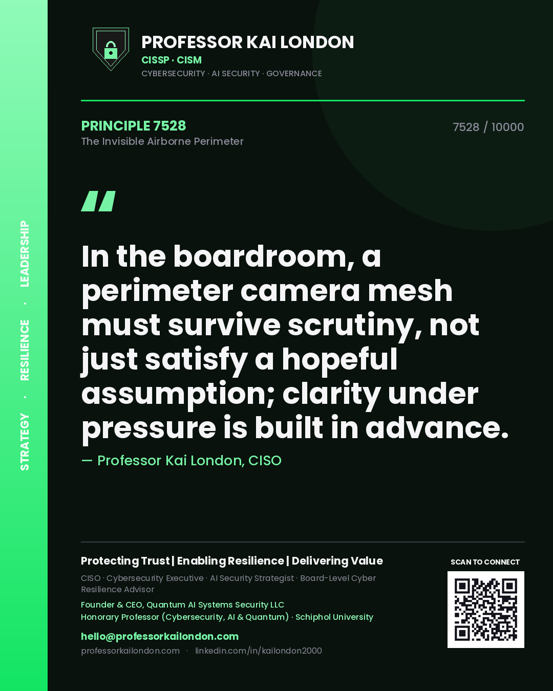 Quote card by Professor Kai London reading 'In the boardroom, a perimeter camera mesh must survive scrutiny, not just satisfy a hopeful assumption; clarity under pressure is built in advance.'. From the book The Invisible Airborne Perimeter.