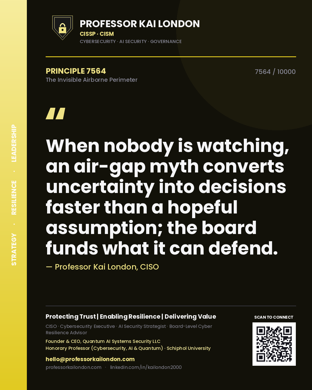 Quote card by Professor Kai London reading 'When nobody is watching, an air-gap myth converts uncertainty into decisions faster than a hopeful assumption; the board funds what it can defend.'. From the book The Invisible Airborne Perimeter.