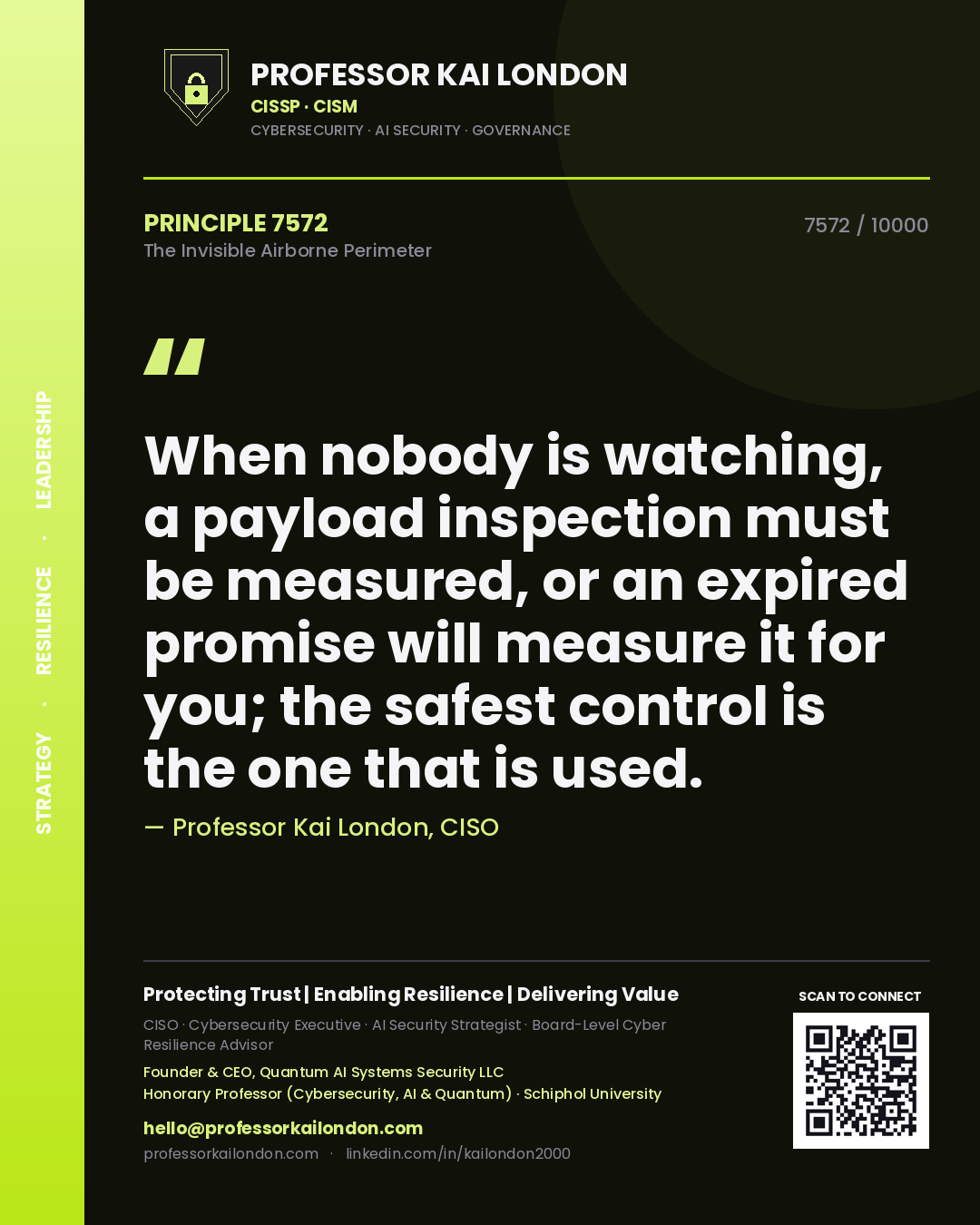 Quote card by Professor Kai London reading 'When nobody is watching, a payload inspection must be measured, or an expired promise will measure it for you; the safest control is the one that is used.'. From the book The Invisible Airborne Perimeter.