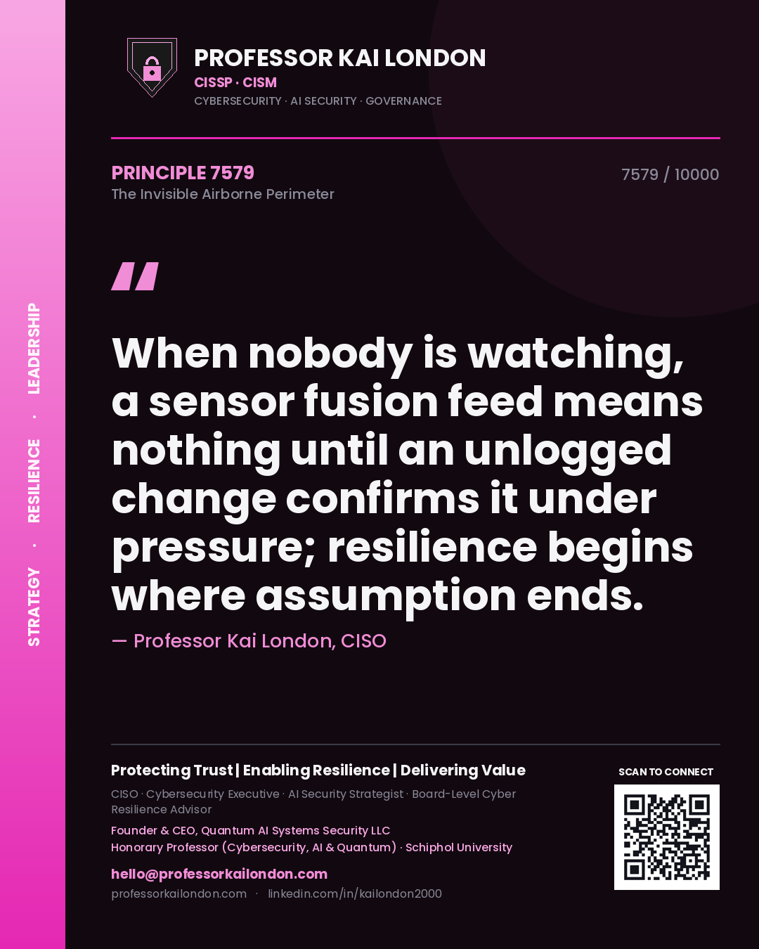 Quote card by Professor Kai London reading 'When nobody is watching, a sensor fusion feed means nothing until an unlogged change confirms it under pressure; resilience begins where assumption ends.'. From the book The Invisible Airborne Perimeter.