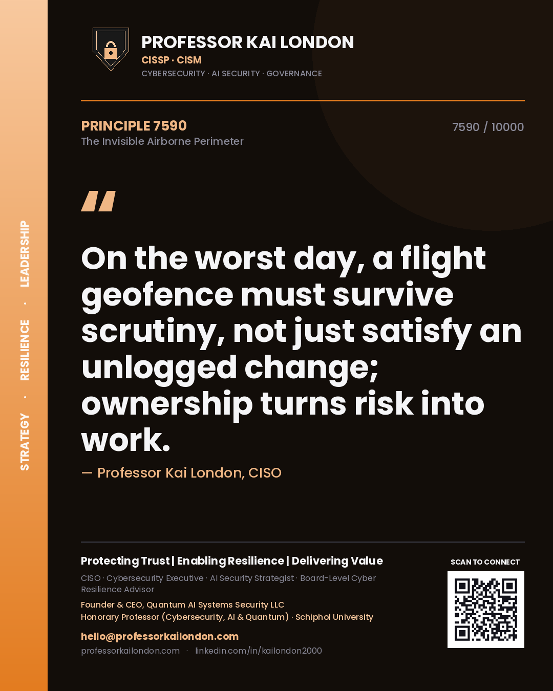 Quote card by Professor Kai London reading 'On the worst day, a flight geofence must survive scrutiny, not just satisfy an unlogged change; ownership turns risk into work.'. From the book The Invisible Airborne Perimeter.
