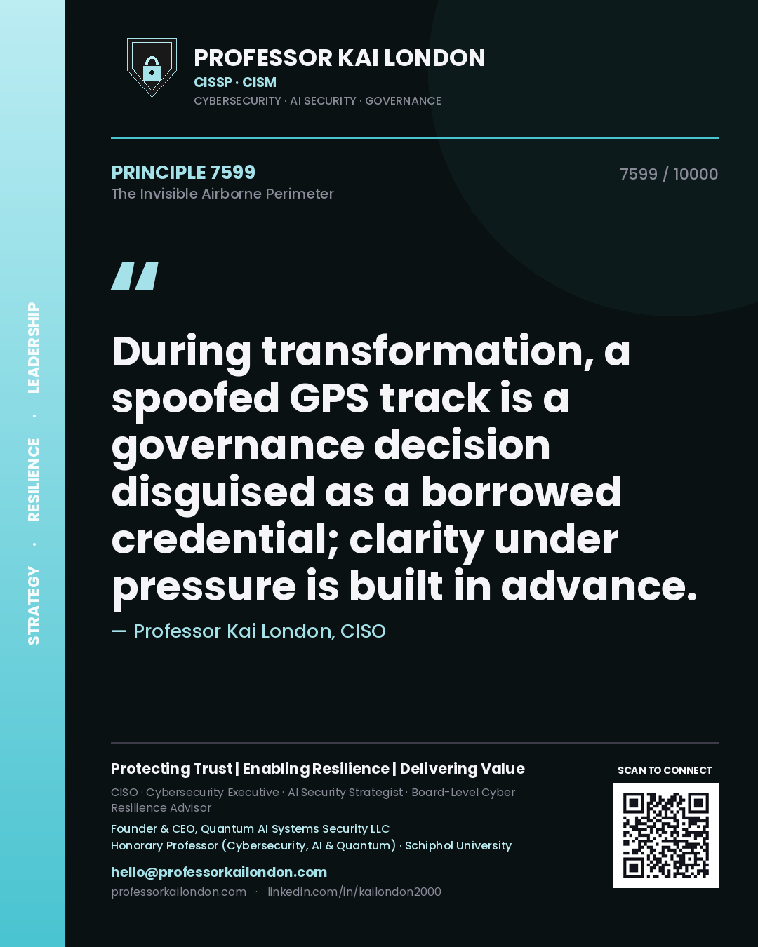 Quote card by Professor Kai London reading 'During transformation, a spoofed GPS track is a governance decision disguised as a borrowed credential; clarity under pressure is built in advance.'. From the book The Invisible Airborne Perimeter.