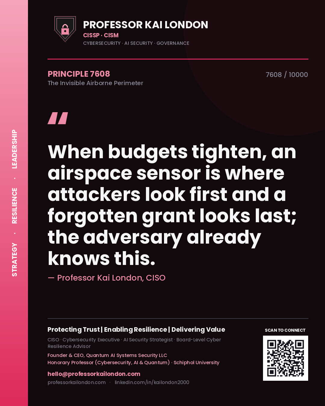 Professor Kai London principle 7608: When budgets tighten, an airspace sensor is where attackers look first and a forgotten grant looks last; the adversary already knows this.
