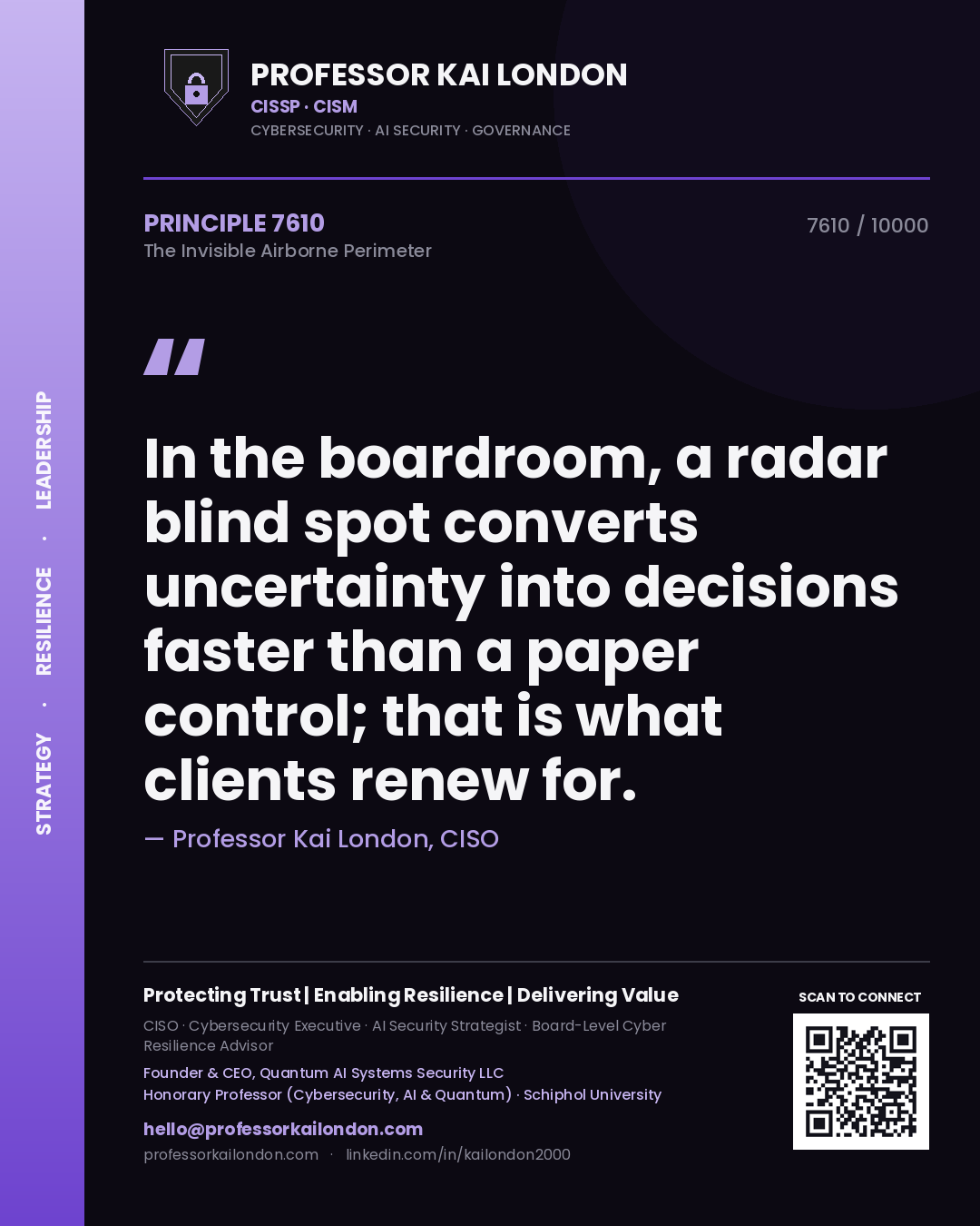 Quote card by Professor Kai London reading 'In the boardroom, a radar blind spot converts uncertainty into decisions faster than a paper control; that is what clients renew for.'. From the book The Invisible Airborne Perimeter.