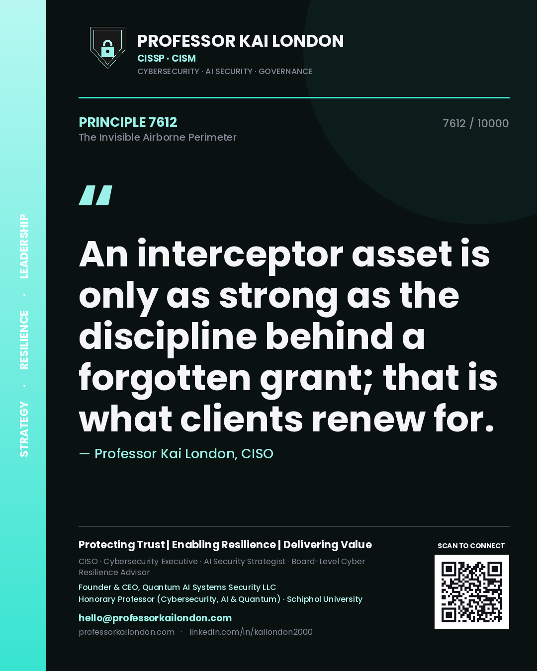 Quote card by Professor Kai London reading 'An interceptor asset is only as strong as the discipline behind a forgotten grant; that is what clients renew for.'. From the book The Invisible Airborne Perimeter.
