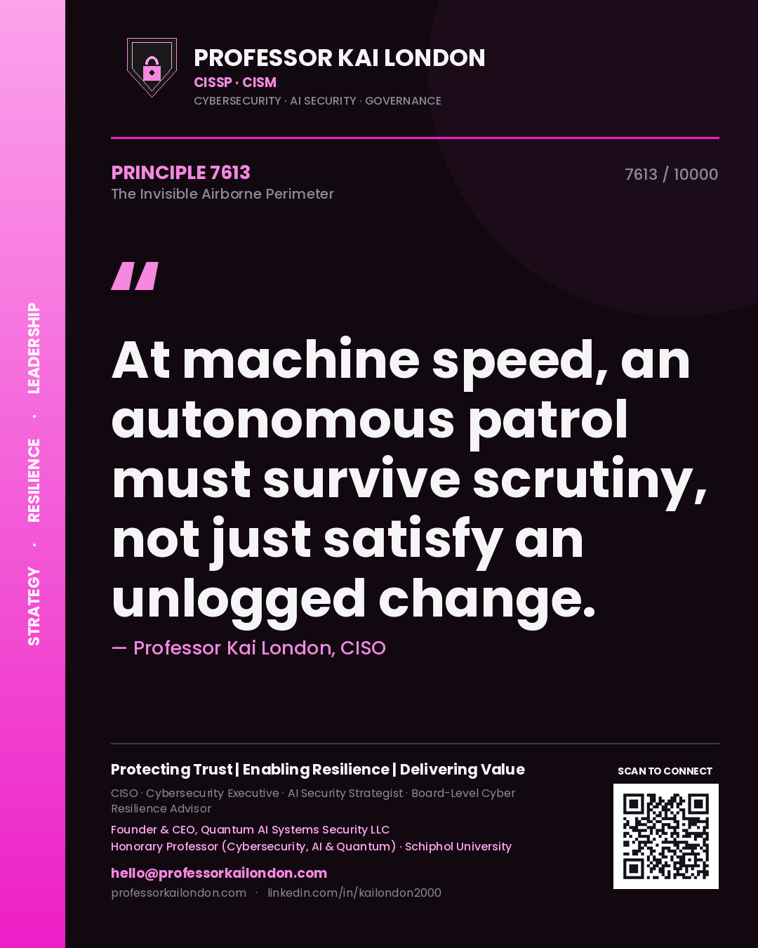 Professor Kai London principle 7613: At machine speed, an autonomous patrol must survive scrutiny, not just satisfy an unlogged change.