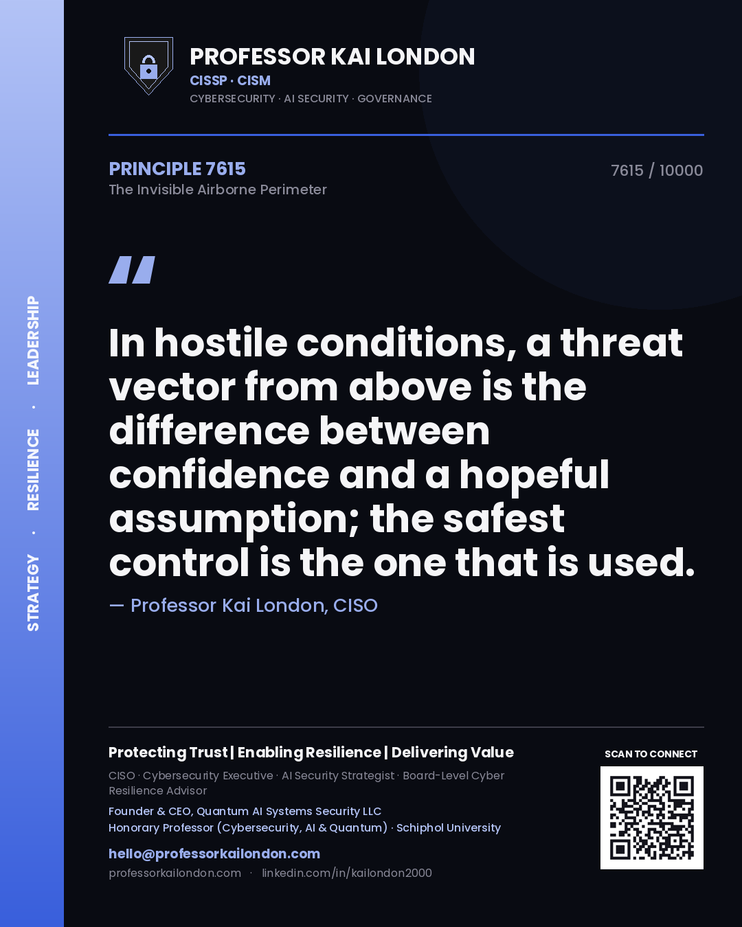Quote card by Professor Kai London reading 'In hostile conditions, a threat vector from above is the difference between confidence and a hopeful assumption; the safest control is the one that is used.'. From the book The Invisible Airborne Perimeter.