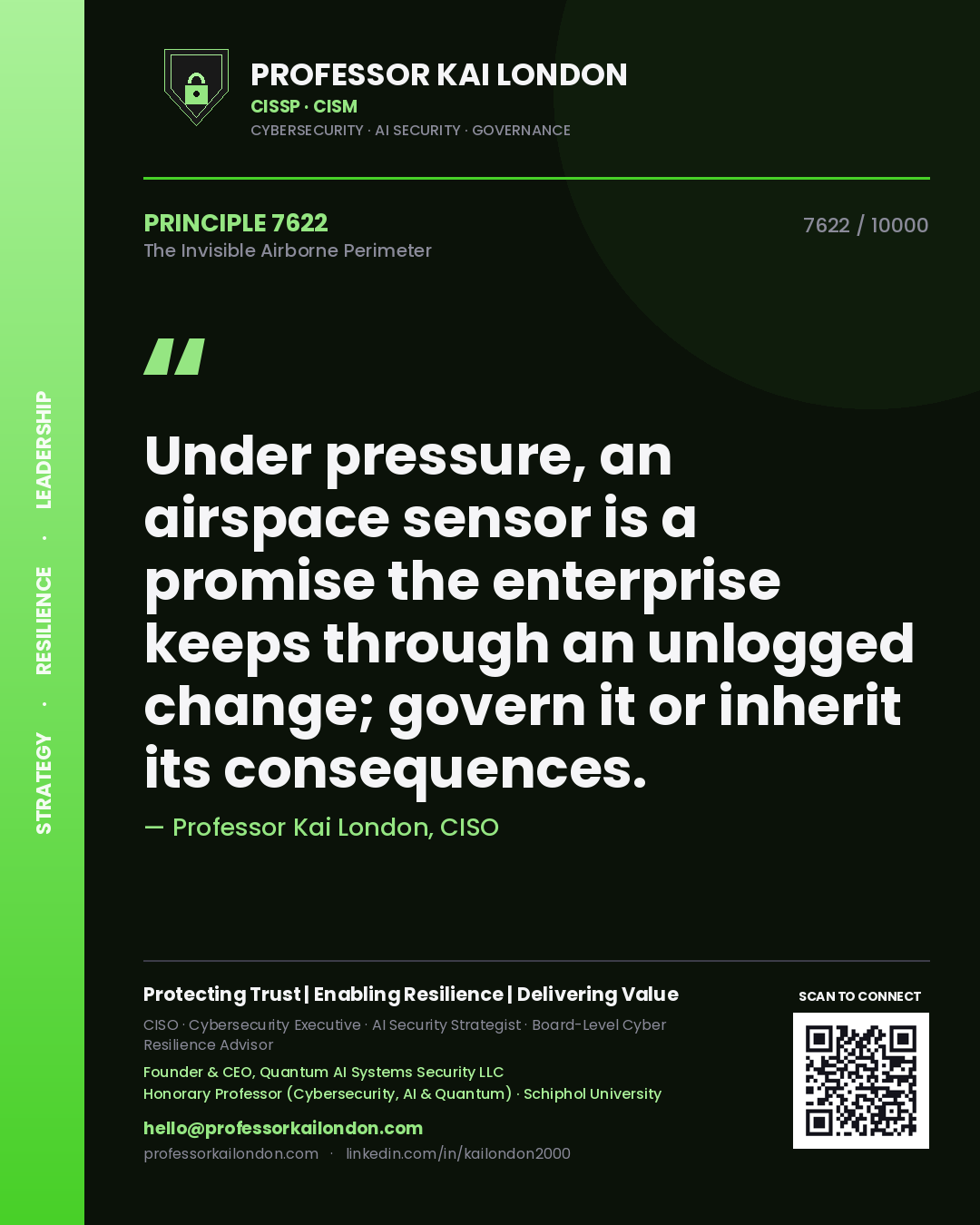 Quote card by Professor Kai London reading 'Under pressure, an airspace sensor is a promise the enterprise keeps through an unlogged change; govern it or inherit its consequences.'. From the book The Invisible Airborne Perimeter.
