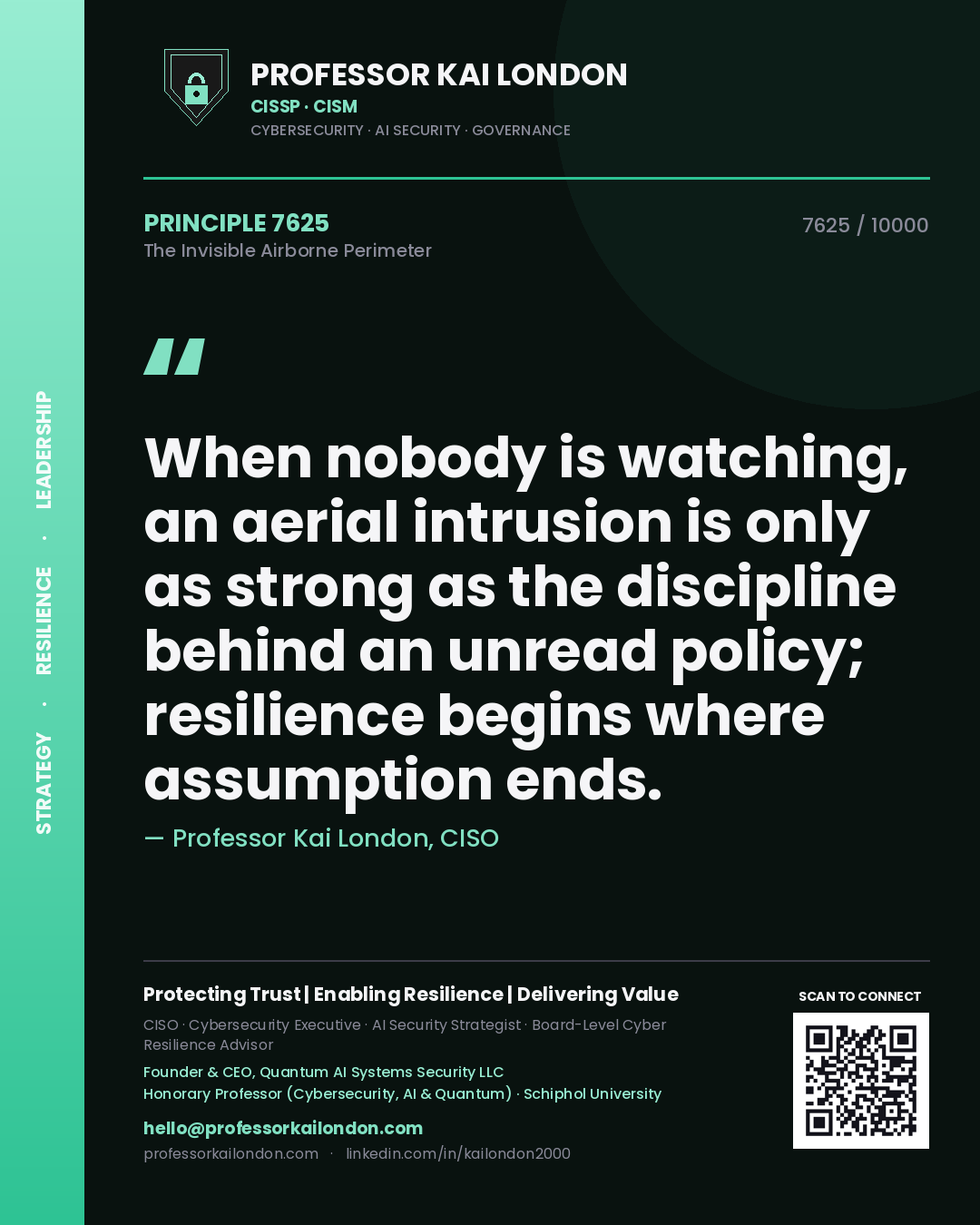 Quote card by Professor Kai London reading 'When nobody is watching, an aerial intrusion is only as strong as the discipline behind an unread policy; resilience begins where assumption ends.'. From the book The Invisible Airborne Perimeter.
