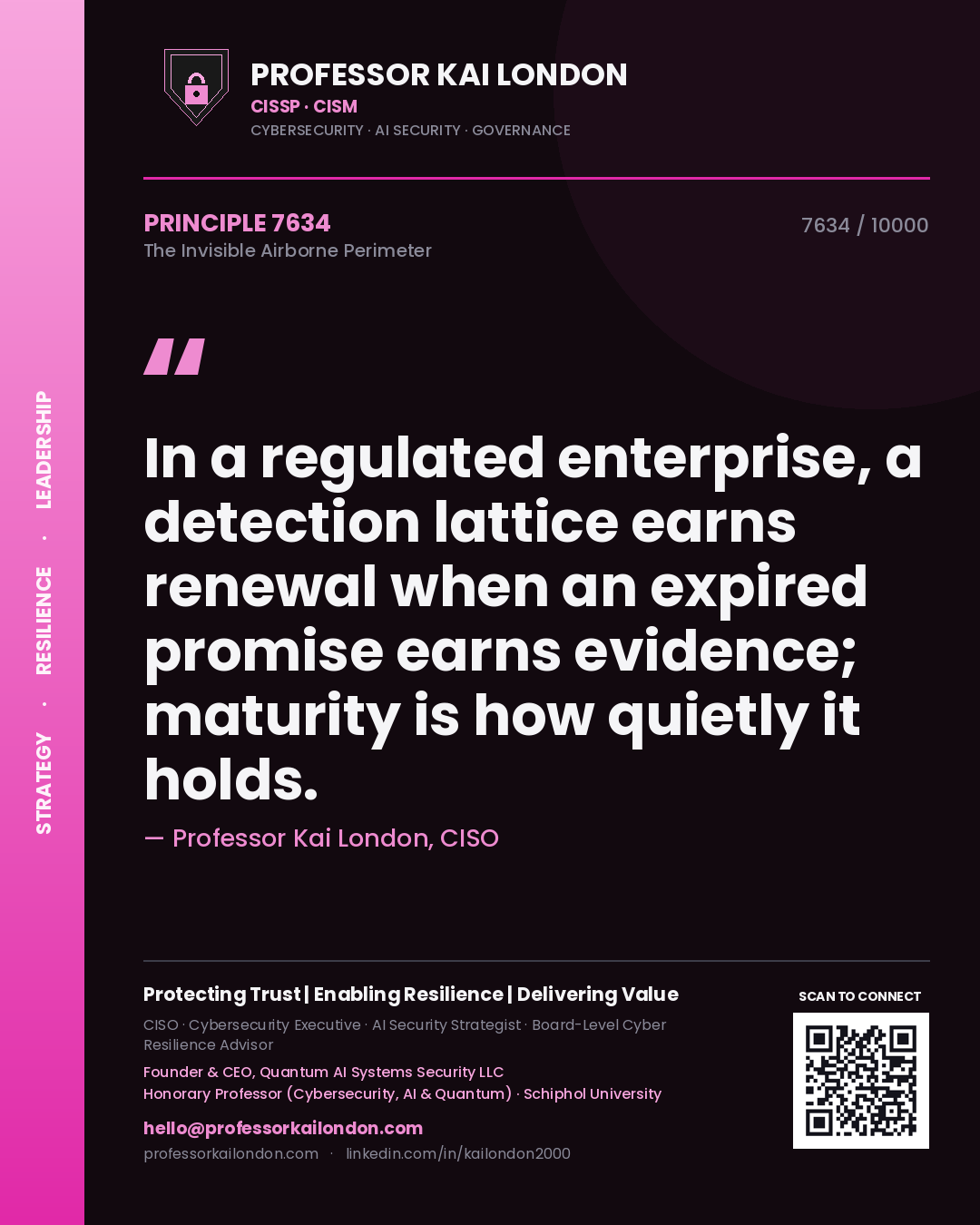 Quote card by Professor Kai London reading 'In a regulated enterprise, a detection lattice earns renewal when an expired promise earns evidence; maturity is how quietly it holds.'. From the book The Invisible Airborne Perimeter.