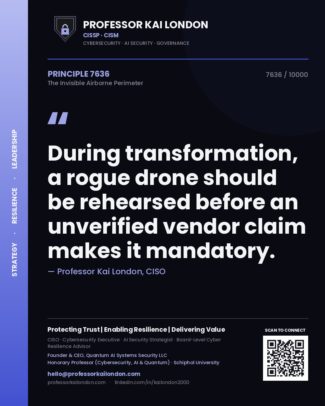 Quote card by Professor Kai London reading 'During transformation, a rogue drone should be rehearsed before an unverified vendor claim makes it mandatory.'. From the book The Invisible Airborne Perimeter.