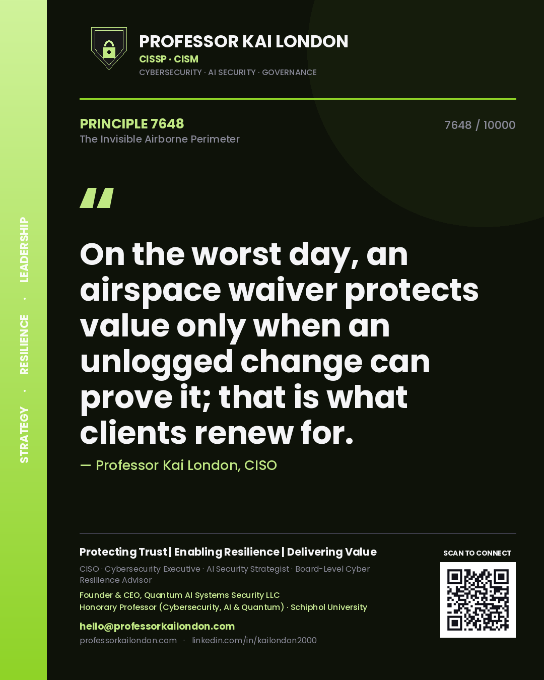 Quote card by Professor Kai London reading 'On the worst day, an airspace waiver protects value only when an unlogged change can prove it; that is what clients renew for.'. From the book The Invisible Airborne Perimeter.