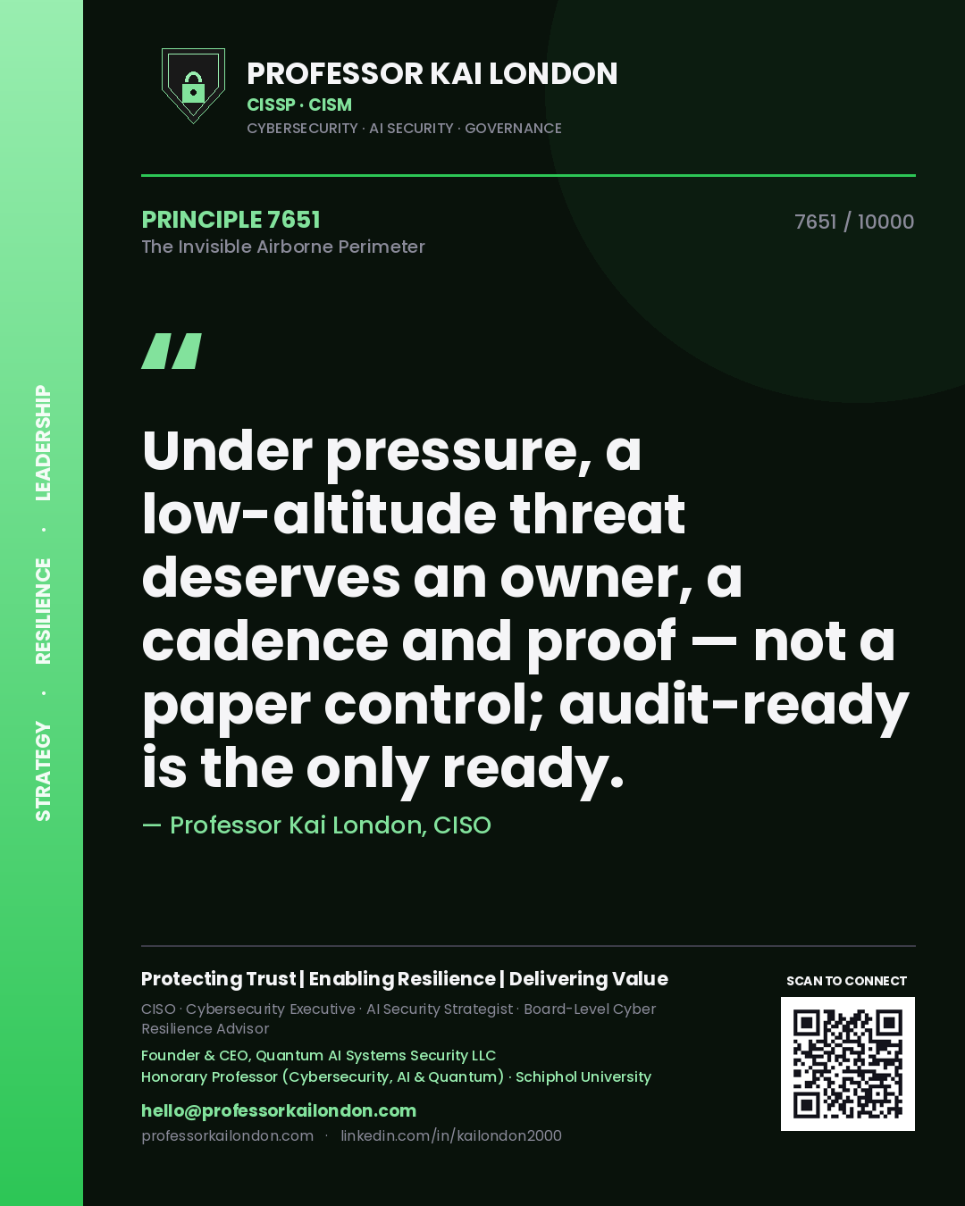 Quote card by Professor Kai London reading 'Under pressure, a low-altitude threat deserves an owner, a cadence and proof — not a paper control; audit-ready is the only ready.'. From the book The Invisible Airborne Perimeter.