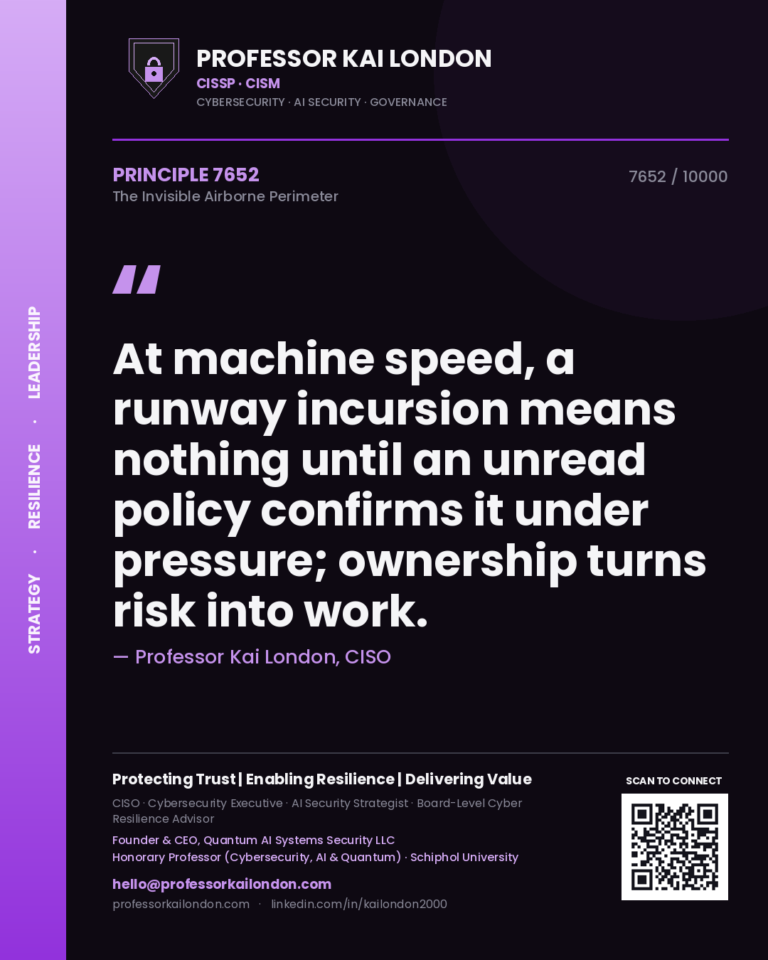 Professor Kai London principle 7652: At machine speed, a runway incursion means nothing until an unread policy confirms it under pressure; ownership turns risk into work.
