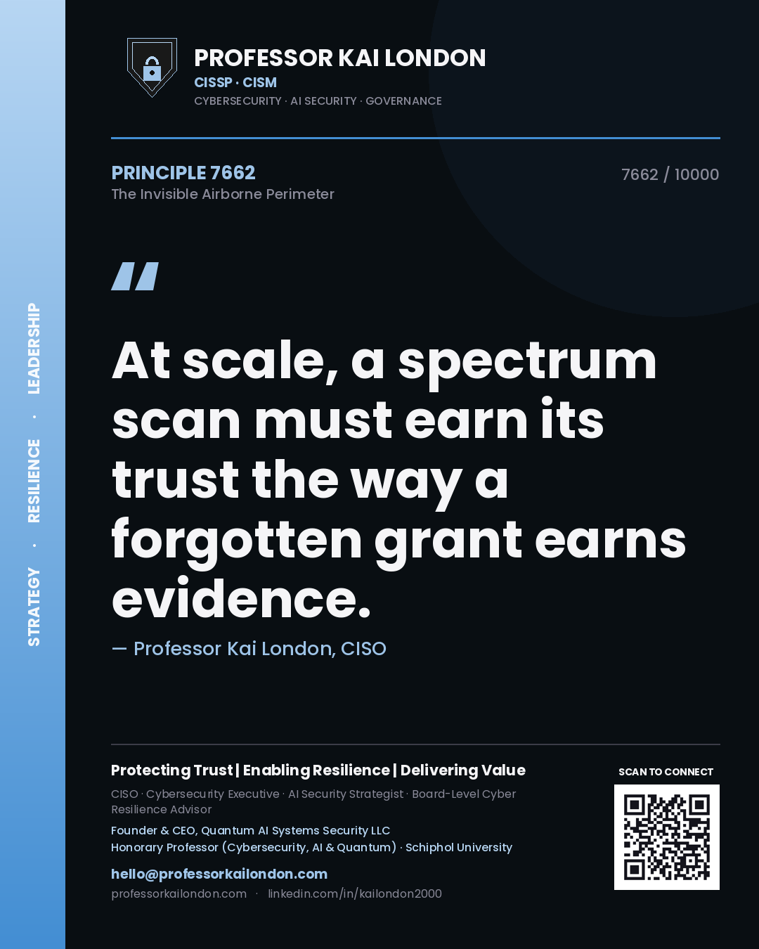 Quote card by Professor Kai London reading 'At scale, a spectrum scan must earn its trust the way a forgotten grant earns evidence.'. From the book The Invisible Airborne Perimeter.