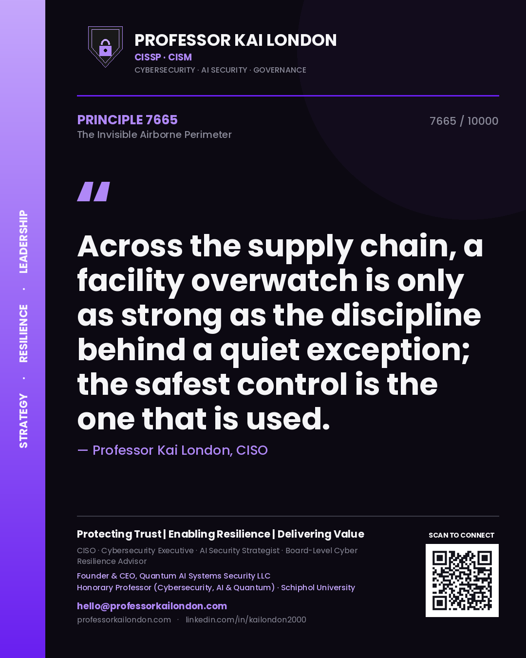 Quote card by Professor Kai London reading 'Across the supply chain, a facility overwatch is only as strong as the discipline behind a quiet exception; the safest control is the one that is used.'. From the book The Invisible Airborne Perimeter.