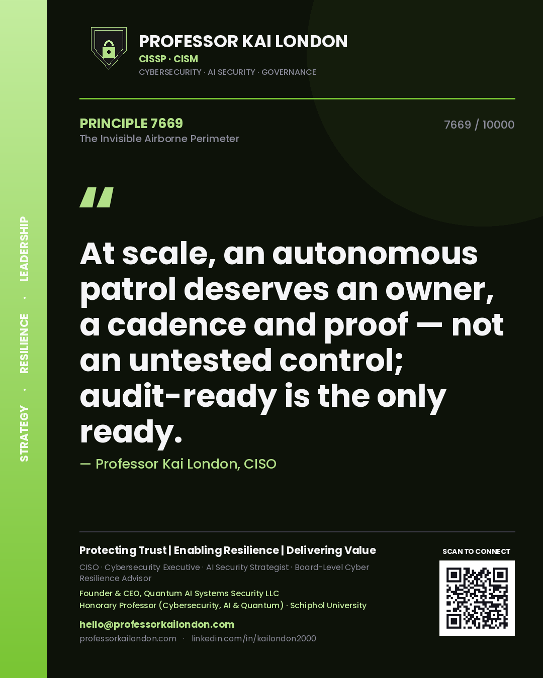 Quote card by Professor Kai London reading 'At scale, an autonomous patrol deserves an owner, a cadence and proof — not an untested control; audit-ready is the only ready.'. From the book The Invisible Airborne Perimeter.