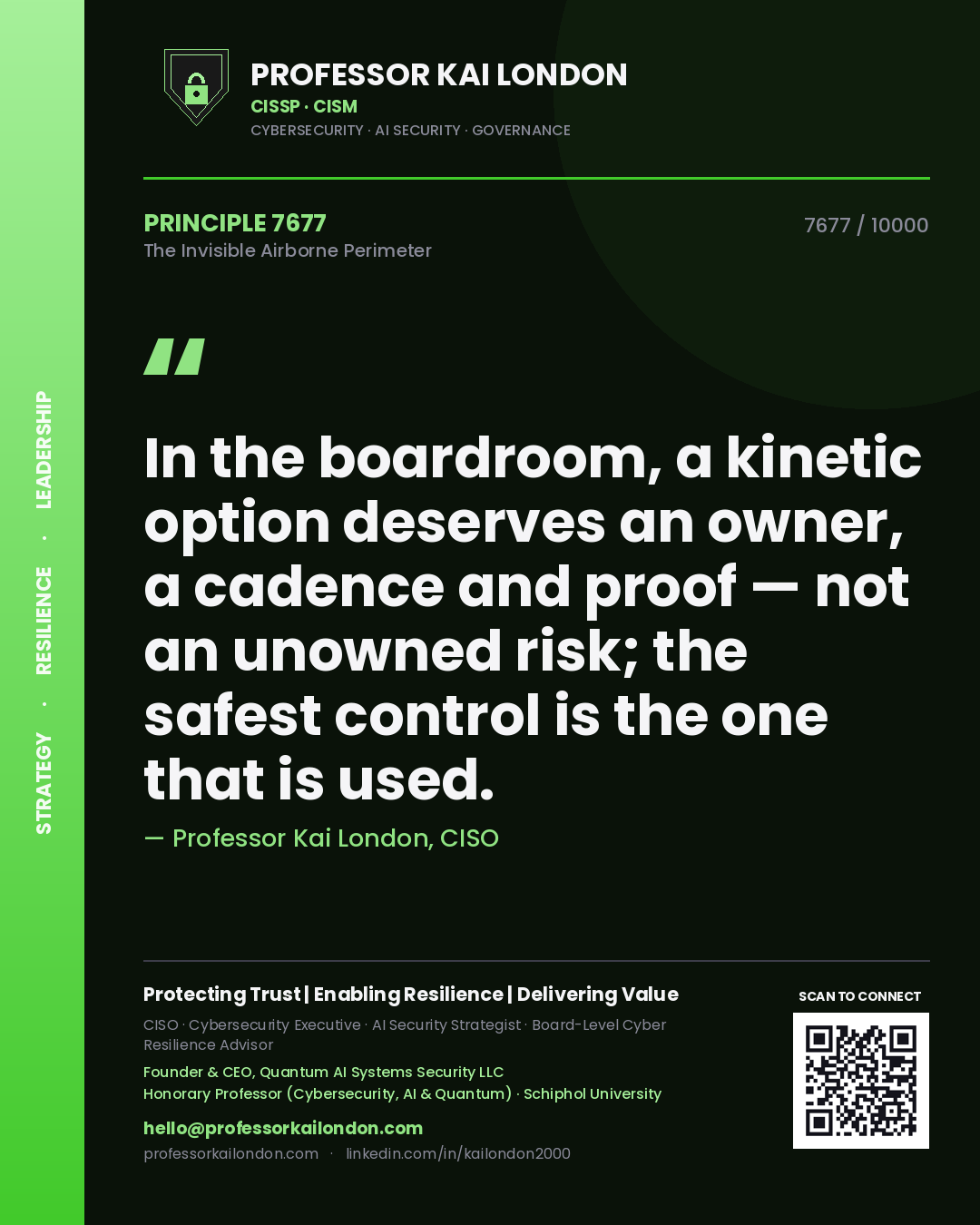 Professor Kai London principle 7677: In the boardroom, a kinetic option deserves an owner, a cadence and proof — not an unowned risk; the safest control is the one that is used.