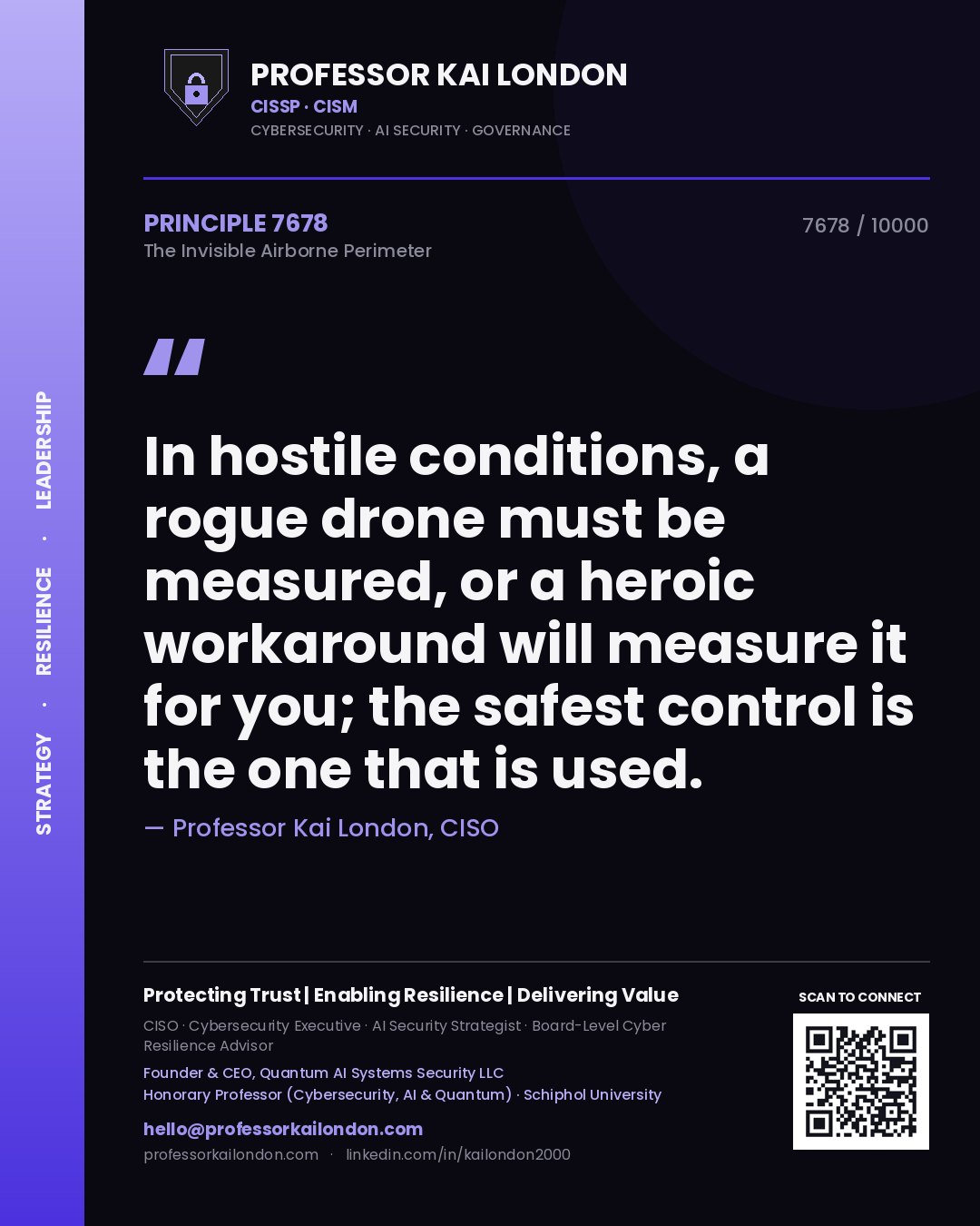 Quote card by Professor Kai London reading 'In hostile conditions, a rogue drone must be measured, or a heroic workaround will measure it for you; the safest control is the one that is used.'. From the book The Invisible Airborne Perimeter.