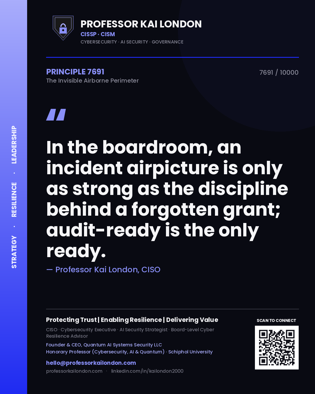 Quote card by Professor Kai London reading 'In the boardroom, an incident airpicture is only as strong as the discipline behind a forgotten grant; audit-ready is the only ready.'. From the book The Invisible Airborne Perimeter.