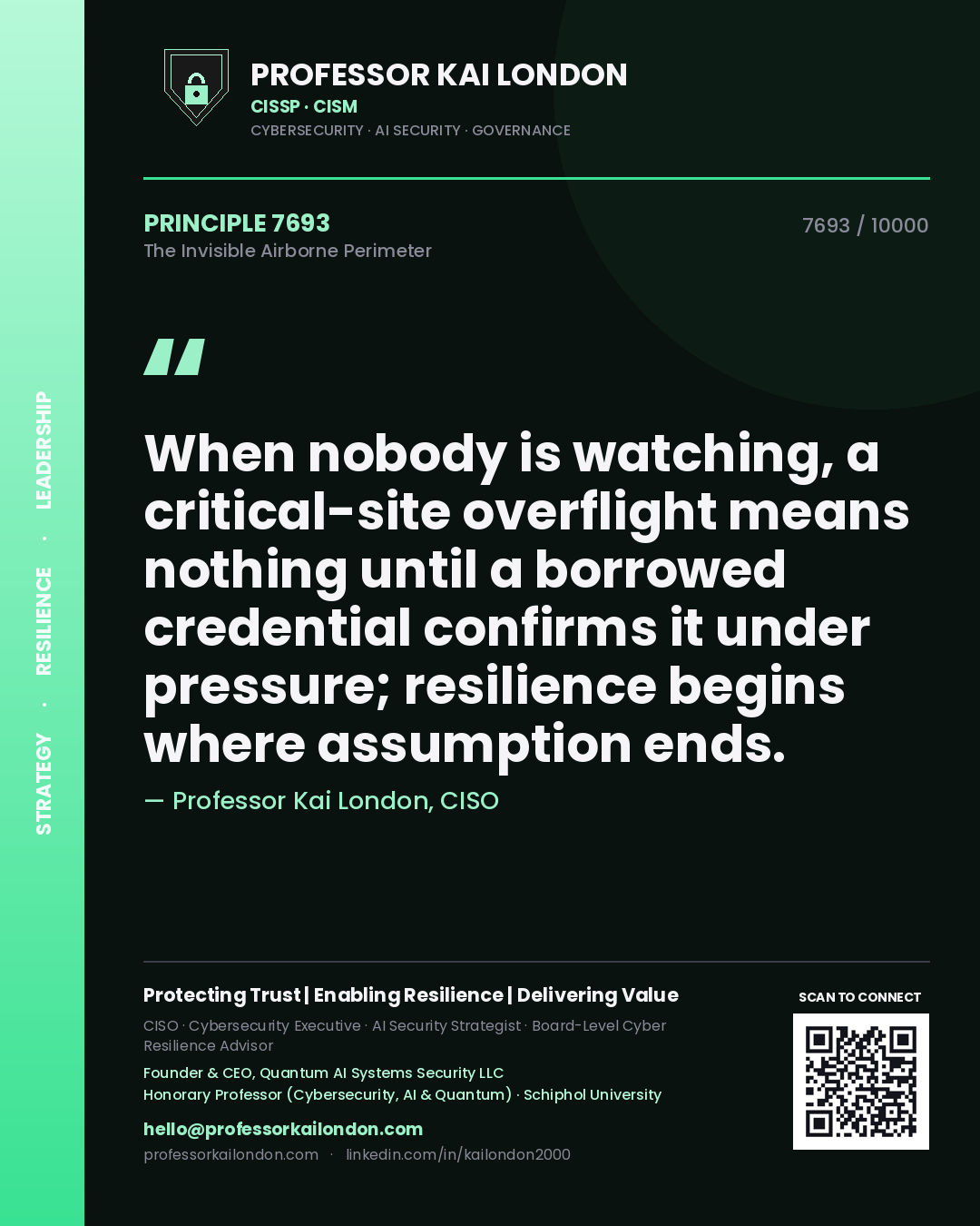 Quote card by Professor Kai London reading 'When nobody is watching, a critical-site overflight means nothing until a borrowed credential confirms it under pressure; resilience begins where assumption ends.'. From the book The Invisible Airborne Perimeter.