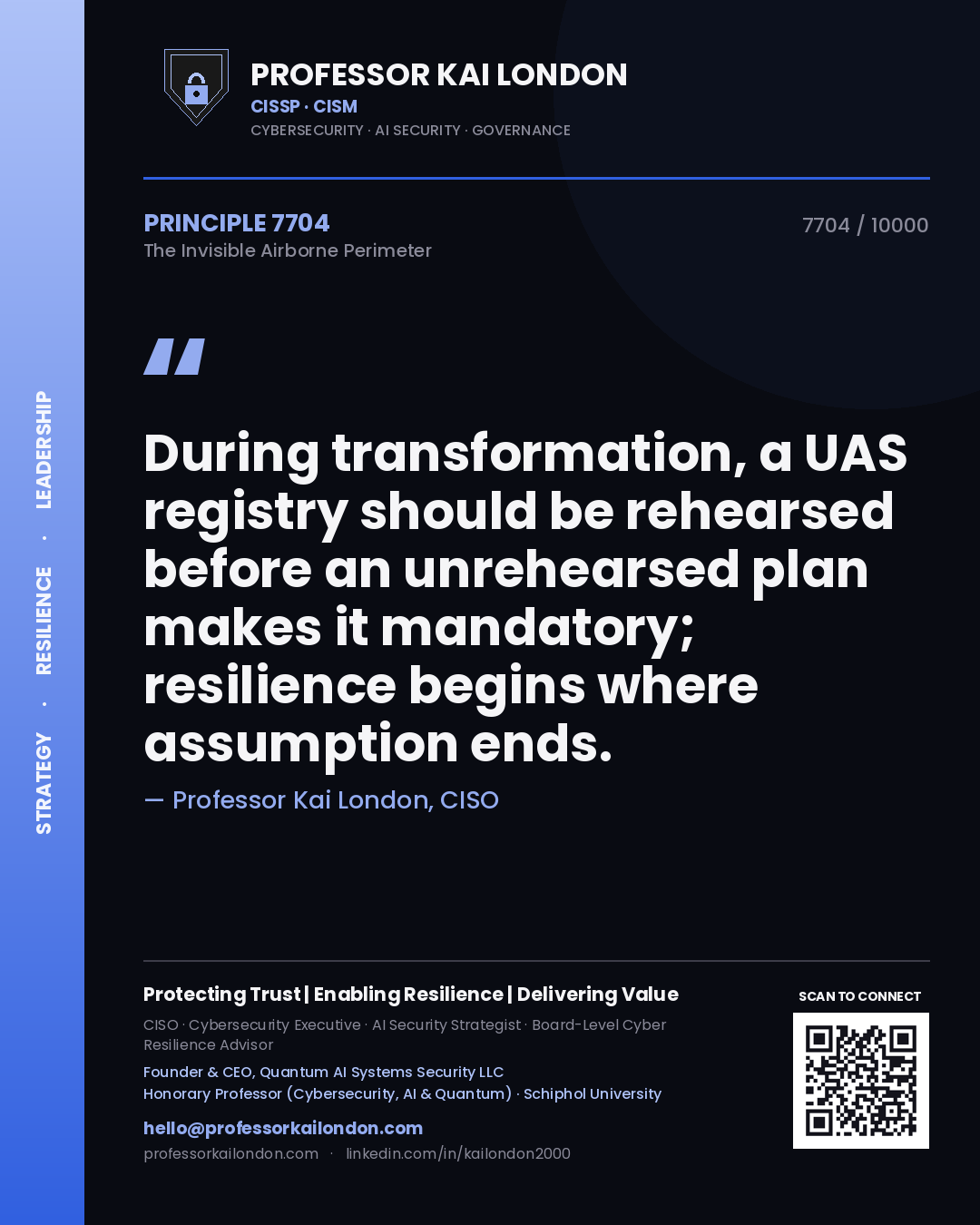 Quote card by Professor Kai London reading 'During transformation, a UAS registry should be rehearsed before an unrehearsed plan makes it mandatory; resilience begins where assumption ends.'. From the book The Invisible Airborne Perimeter.