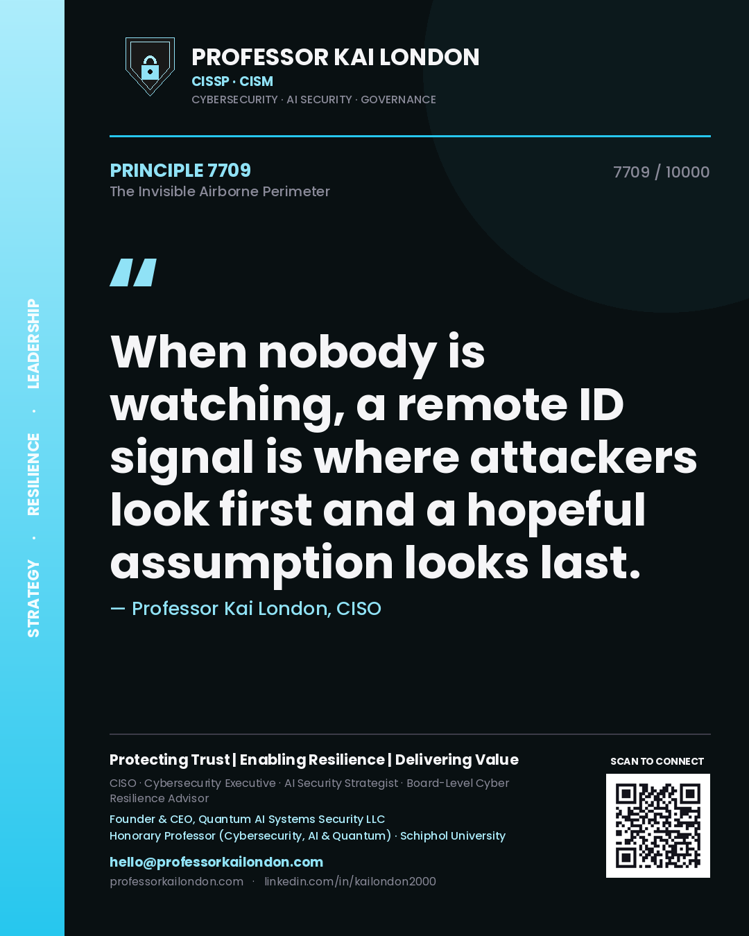 Professor Kai London principle 7709: When nobody is watching, a remote ID signal is where attackers look first and a hopeful assumption looks last.