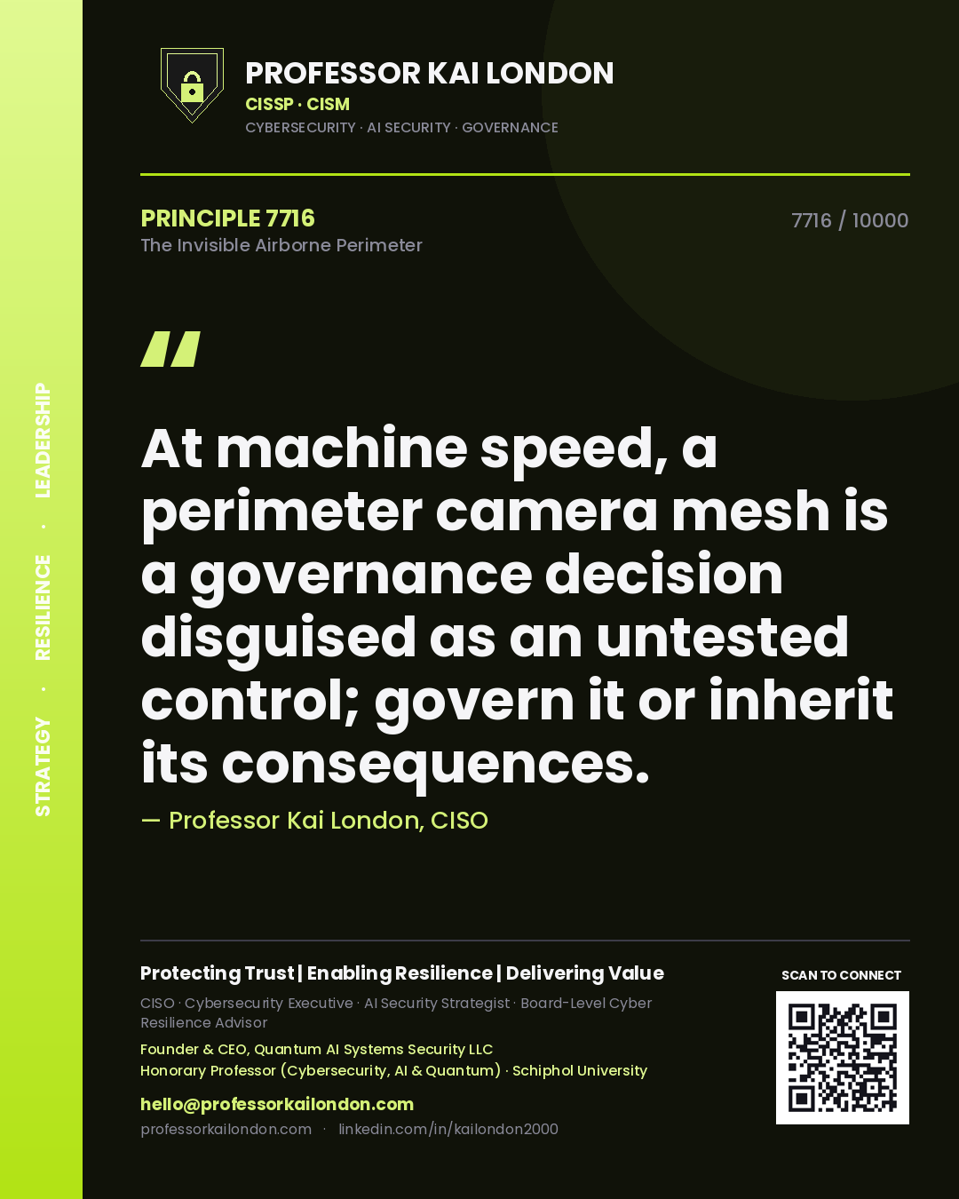 Quote card by Professor Kai London reading 'At machine speed, a perimeter camera mesh is a governance decision disguised as an untested control; govern it or inherit its consequences.'. From the book The Invisible Airborne Perimeter.