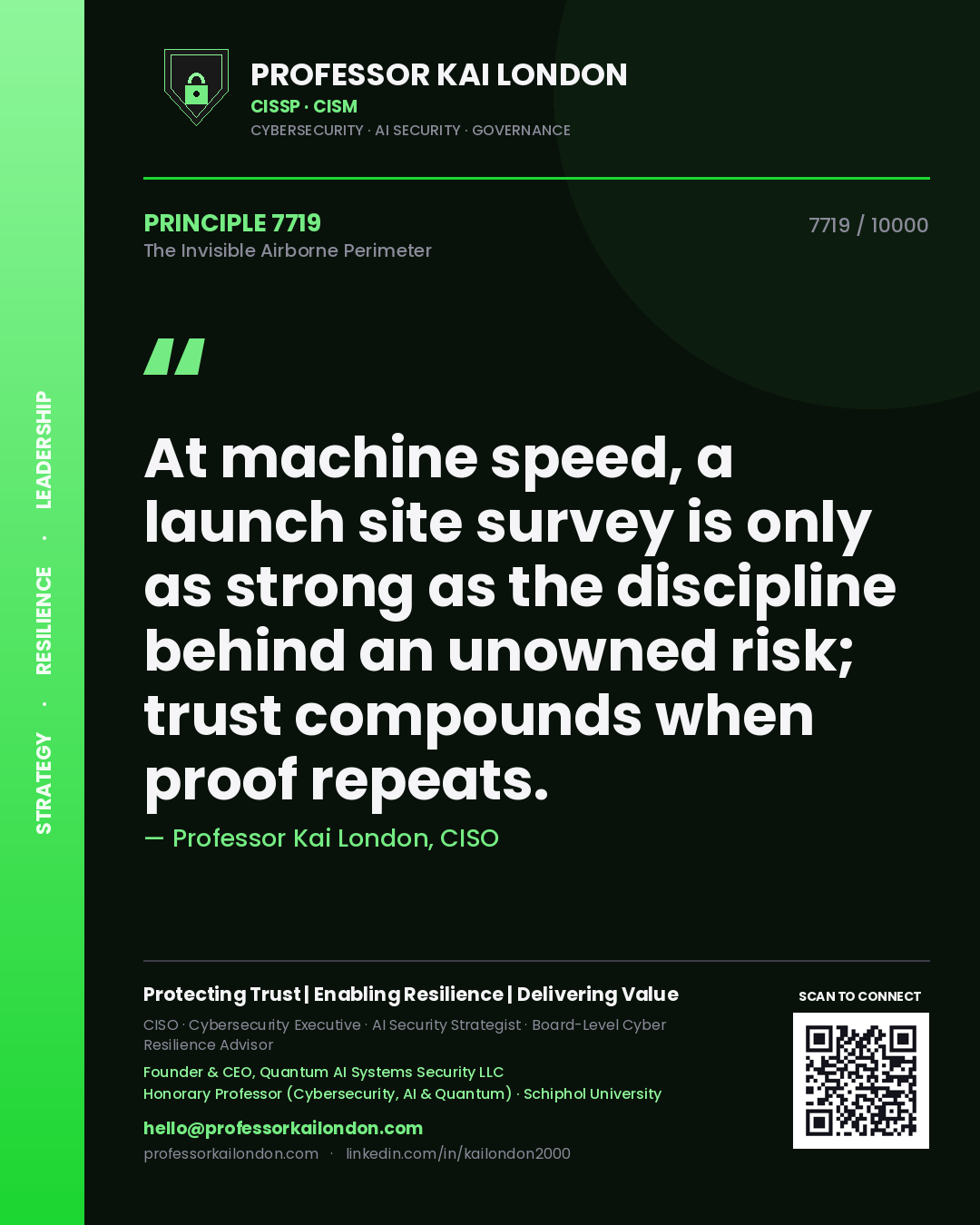 Quote card by Professor Kai London reading 'At machine speed, a launch site survey is only as strong as the discipline behind an unowned risk; trust compounds when proof repeats.'. From the book The Invisible Airborne Perimeter.