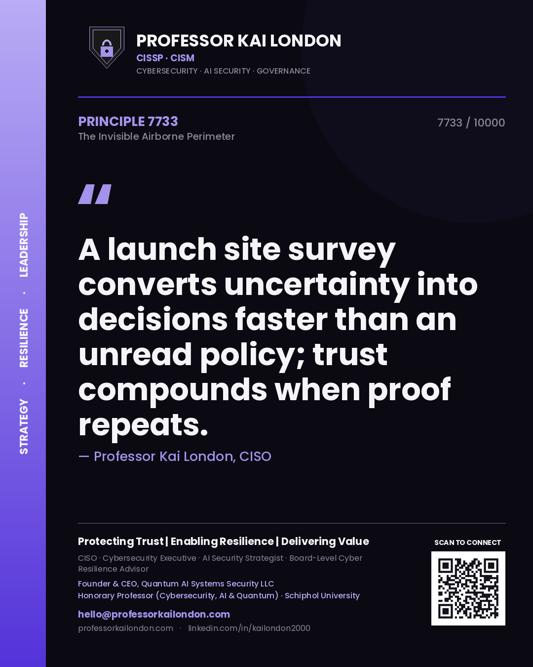 Quote card by Professor Kai London reading 'A launch site survey converts uncertainty into decisions faster than an unread policy; trust compounds when proof repeats.'. From the book The Invisible Airborne Perimeter.