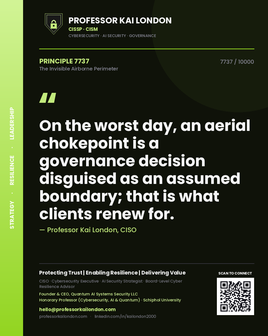 Quote card by Professor Kai London reading 'On the worst day, an aerial chokepoint is a governance decision disguised as an assumed boundary; that is what clients renew for.'. From the book The Invisible Airborne Perimeter.