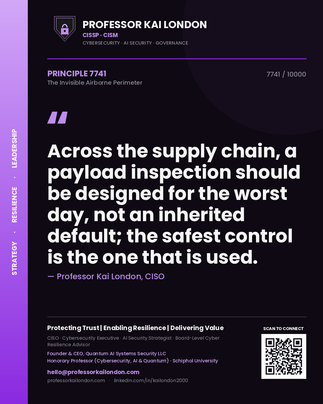Quote card by Professor Kai London reading 'Across the supply chain, a payload inspection should be designed for the worst day, not an inherited default; the safest control is the one that is used.'. From the book The Invisible Airborne Perimeter.