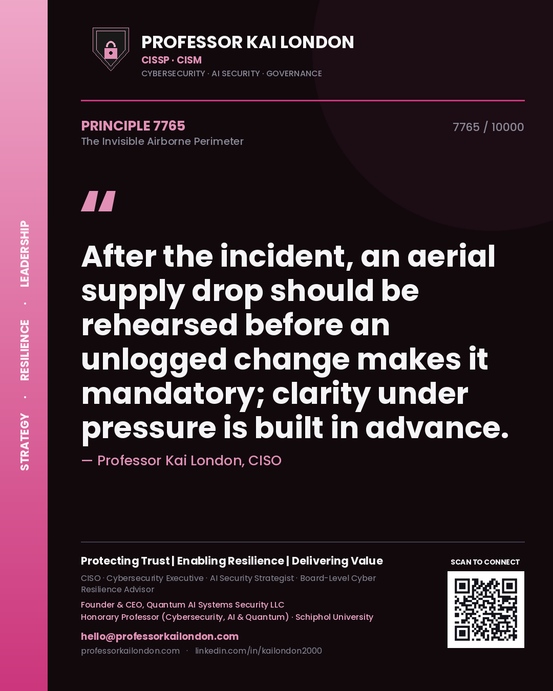 Quote card by Professor Kai London reading 'After the incident, an aerial supply drop should be rehearsed before an unlogged change makes it mandatory; clarity under pressure is built in advance.'. From the book The Invisible Airborne Perimeter.