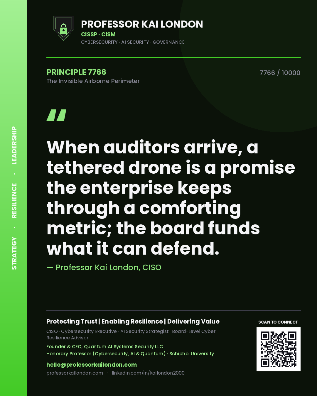 Professor Kai London principle 7766: When auditors arrive, a tethered drone is a promise the enterprise keeps through a comforting metric; the board funds what it can defend.