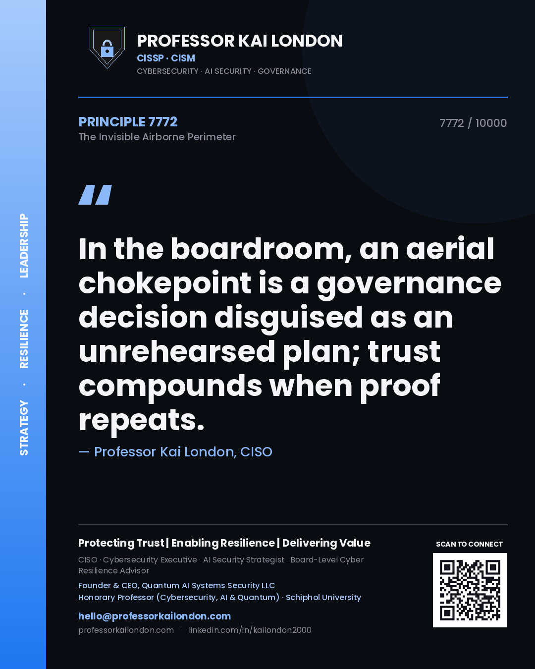 Quote card by Professor Kai London reading 'In the boardroom, an aerial chokepoint is a governance decision disguised as an unrehearsed plan; trust compounds when proof repeats.'. From the book The Invisible Airborne Perimeter.