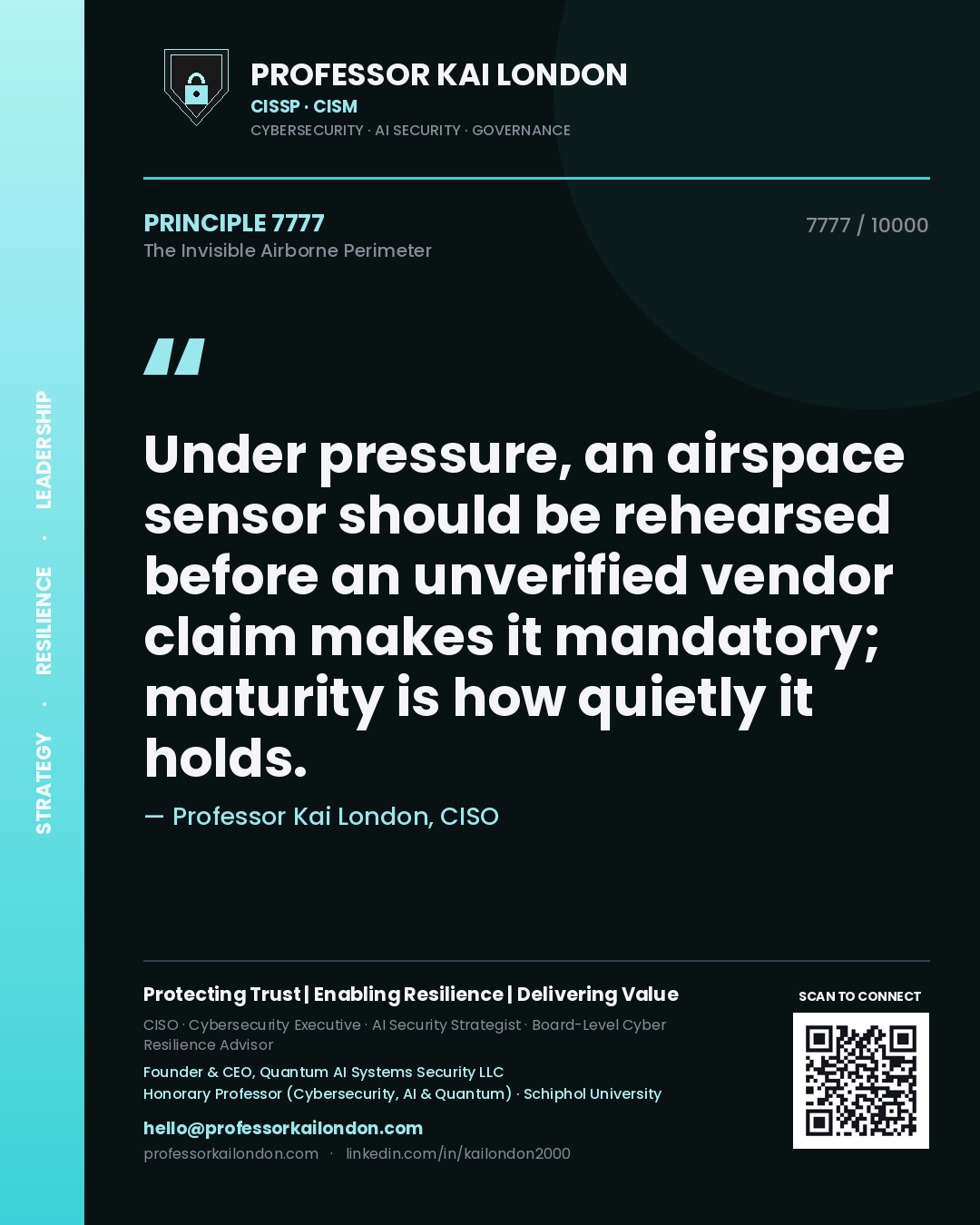 Quote card by Professor Kai London reading 'Under pressure, an airspace sensor should be rehearsed before an unverified vendor claim makes it mandatory; maturity is how quietly it holds.'. From the book The Invisible Airborne Perimeter.