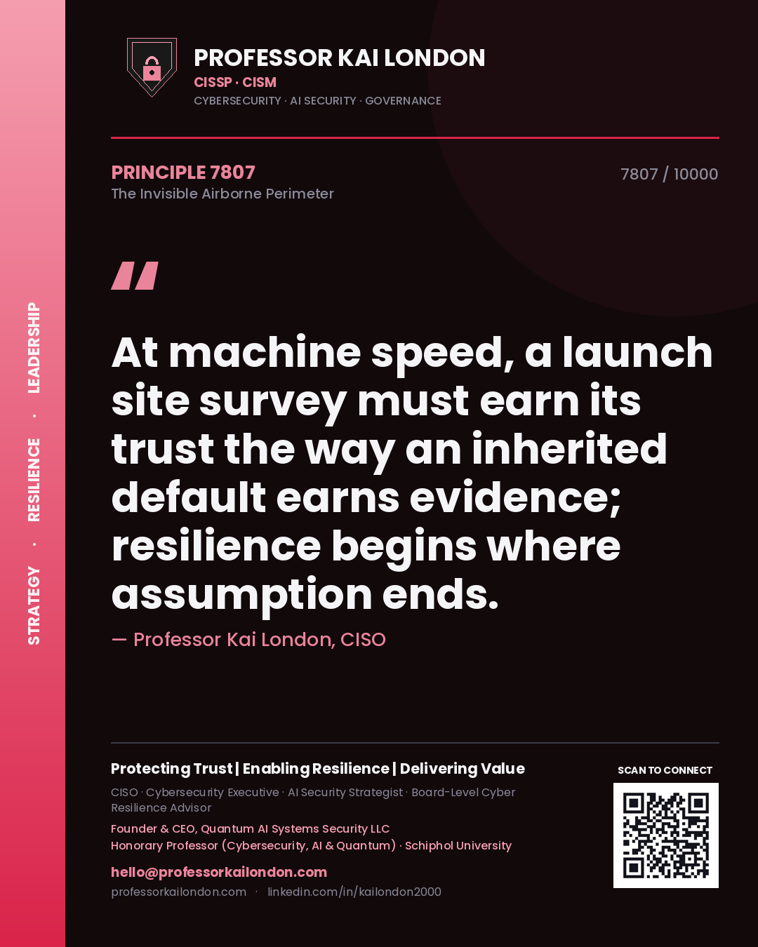 Quote card by Professor Kai London reading 'At machine speed, a launch site survey must earn its trust the way an inherited default earns evidence; resilience begins where assumption ends.'. From the book The Invisible Airborne Perimeter.