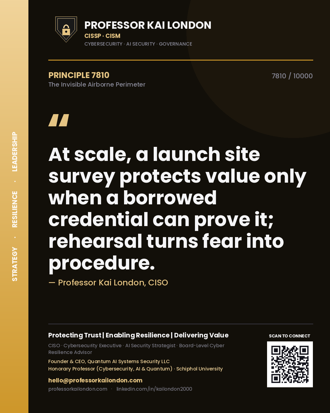 Quote card by Professor Kai London reading 'At scale, a launch site survey protects value only when a borrowed credential can prove it; rehearsal turns fear into procedure.'. From the book The Invisible Airborne Perimeter.