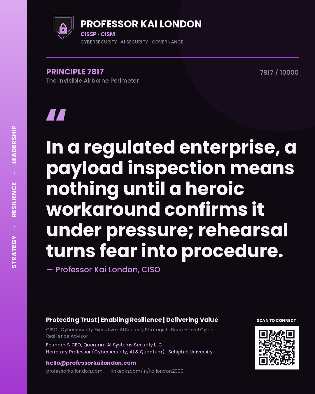 Professor Kai London principle 7817: In a regulated enterprise, a payload inspection means nothing until a heroic workaround confirms it under pressure; rehearsal turns fear into procedure.