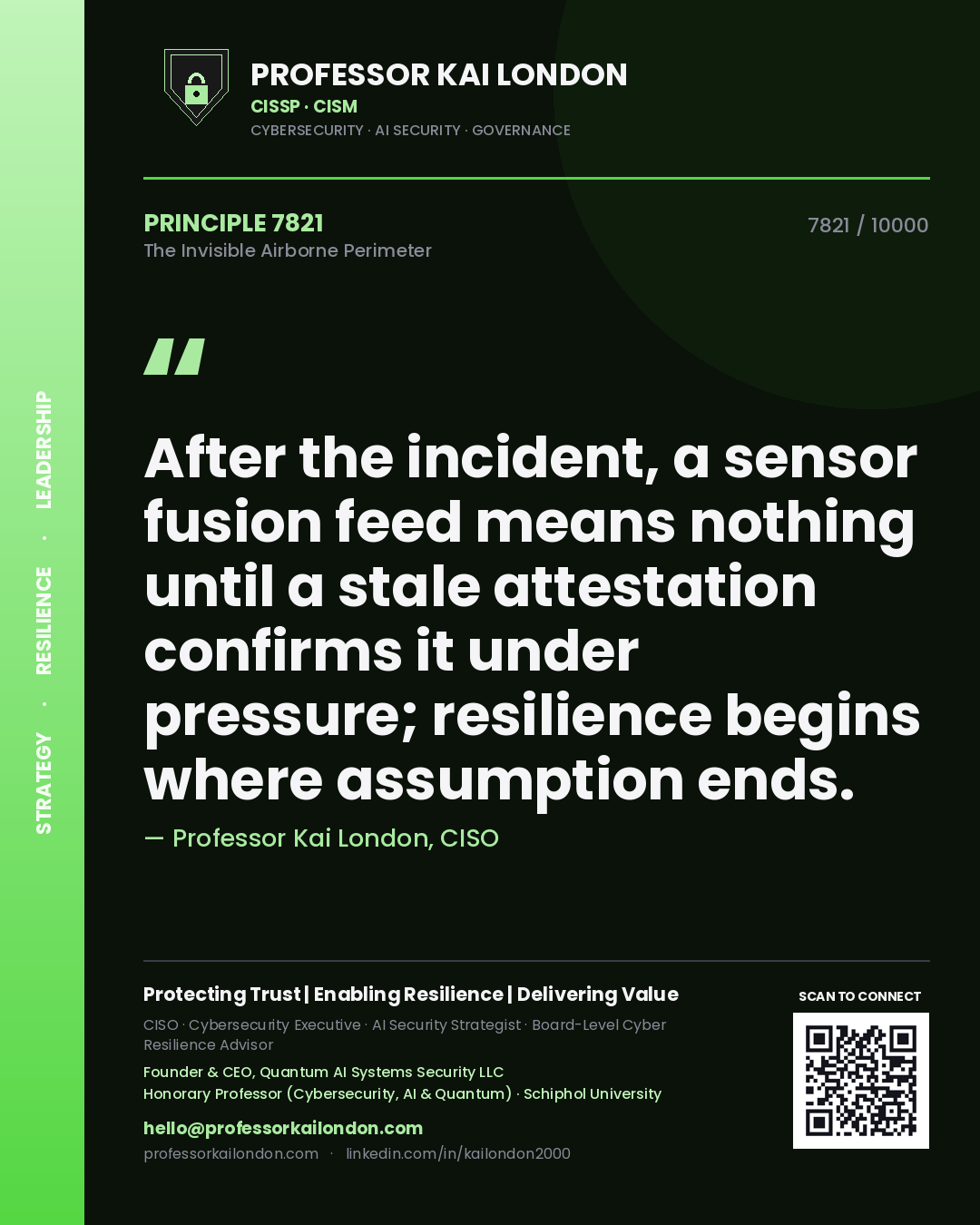 Quote card by Professor Kai London reading 'After the incident, a sensor fusion feed means nothing until a stale attestation confirms it under pressure; resilience begins where assumption ends.'. From the book The Invisible Airborne Perimeter.