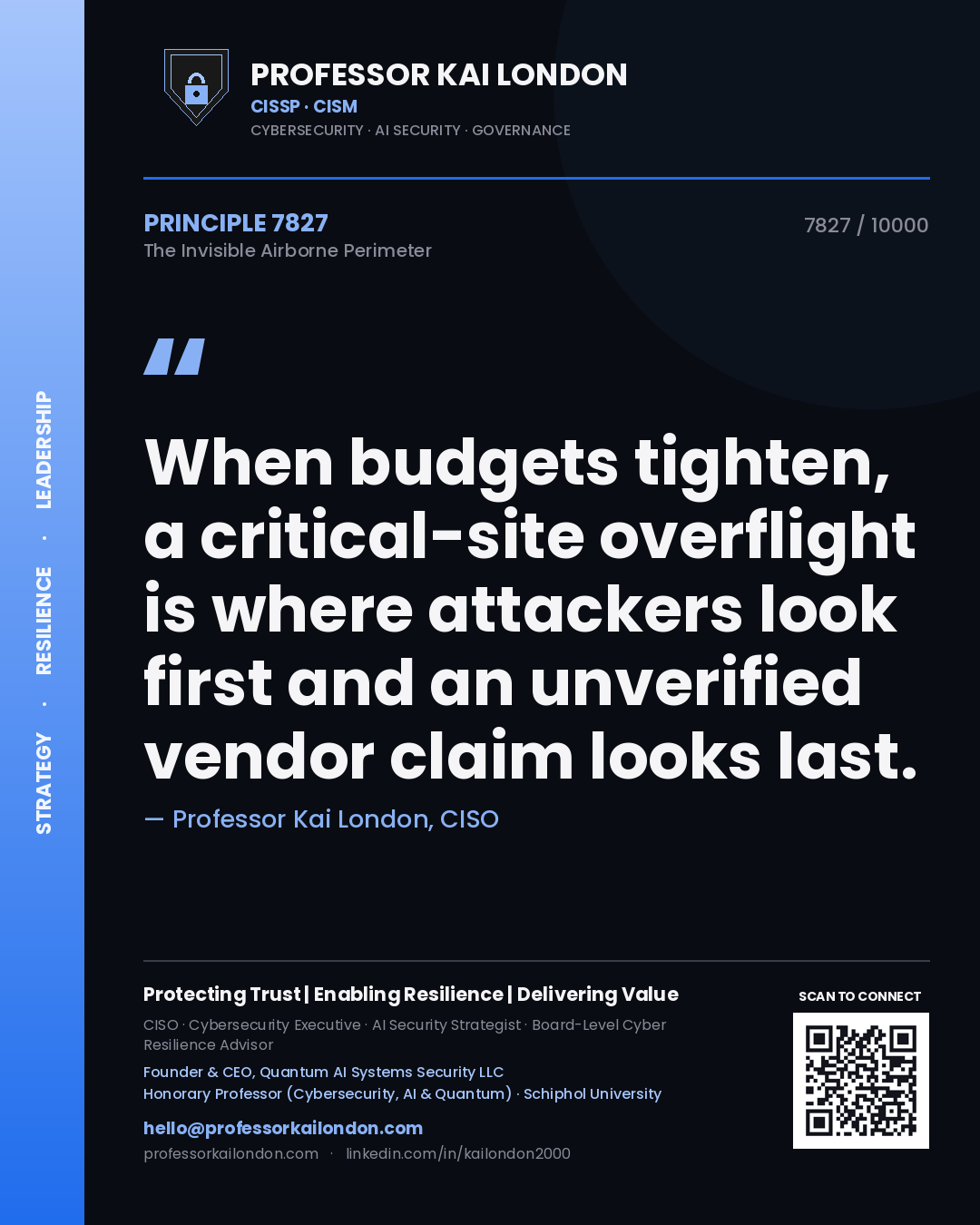 Quote card by Professor Kai London reading 'When budgets tighten, a critical-site overflight is where attackers look first and an unverified vendor claim looks last.'. From the book The Invisible Airborne Perimeter.