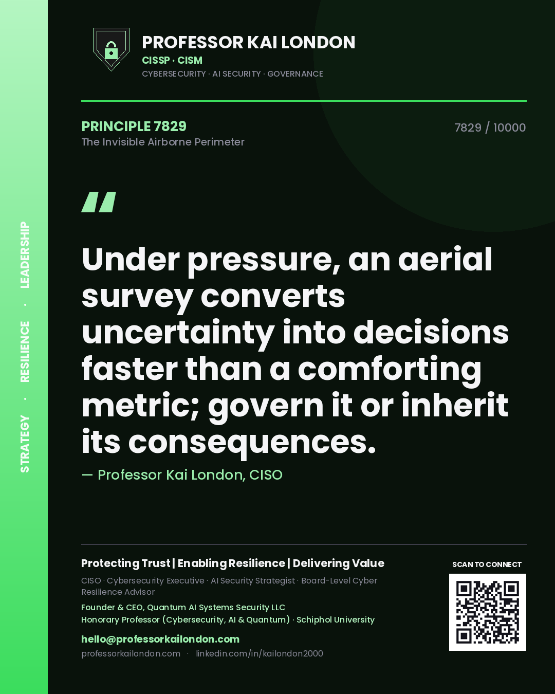 Quote card by Professor Kai London reading 'Under pressure, an aerial survey converts uncertainty into decisions faster than a comforting metric; govern it or inherit its consequences.'. From the book The Invisible Airborne Perimeter.