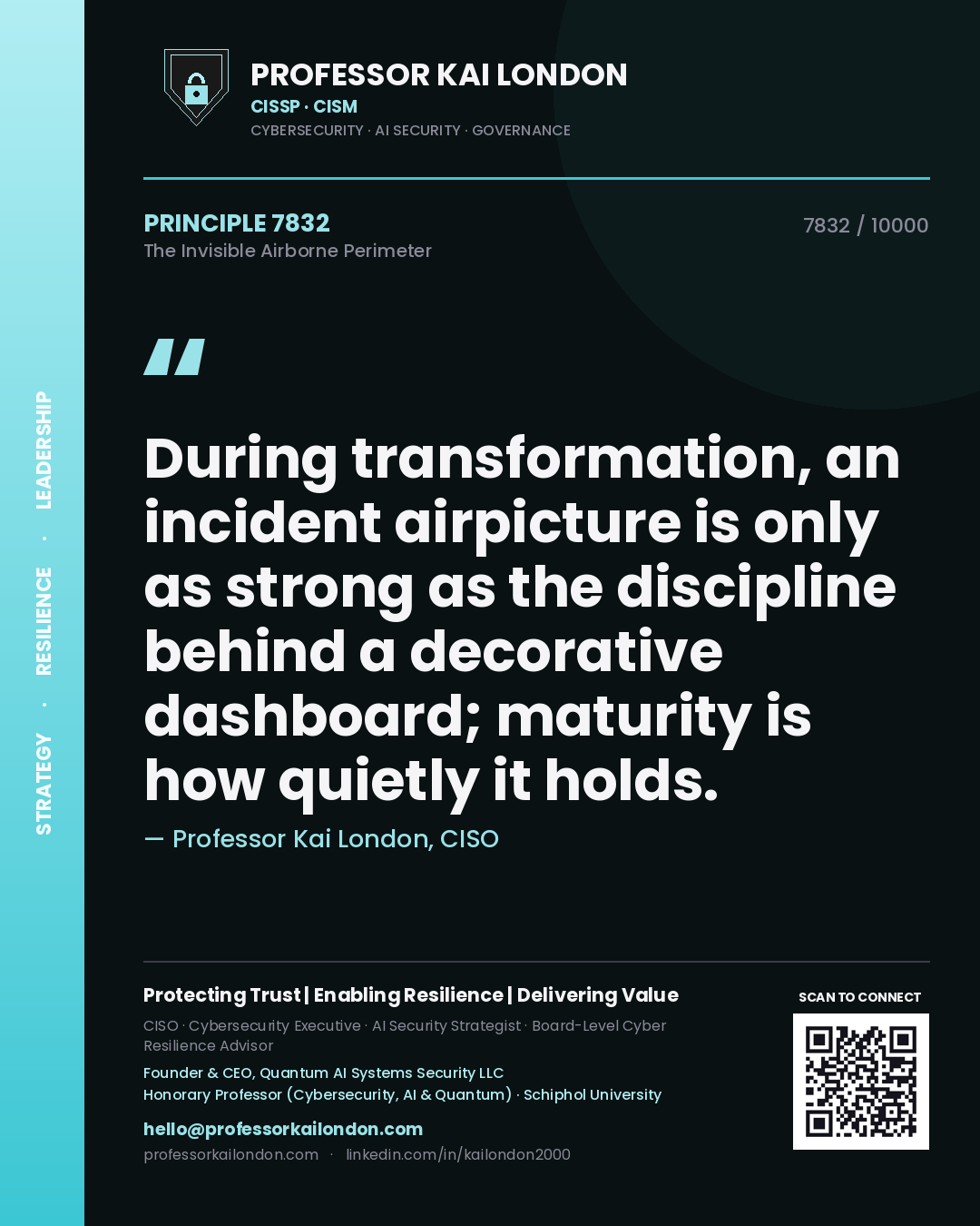 Quote card by Professor Kai London reading 'During transformation, an incident airpicture is only as strong as the discipline behind a decorative dashboard; maturity is how quietly it holds.'. From the book The Invisible Airborne Perimeter.